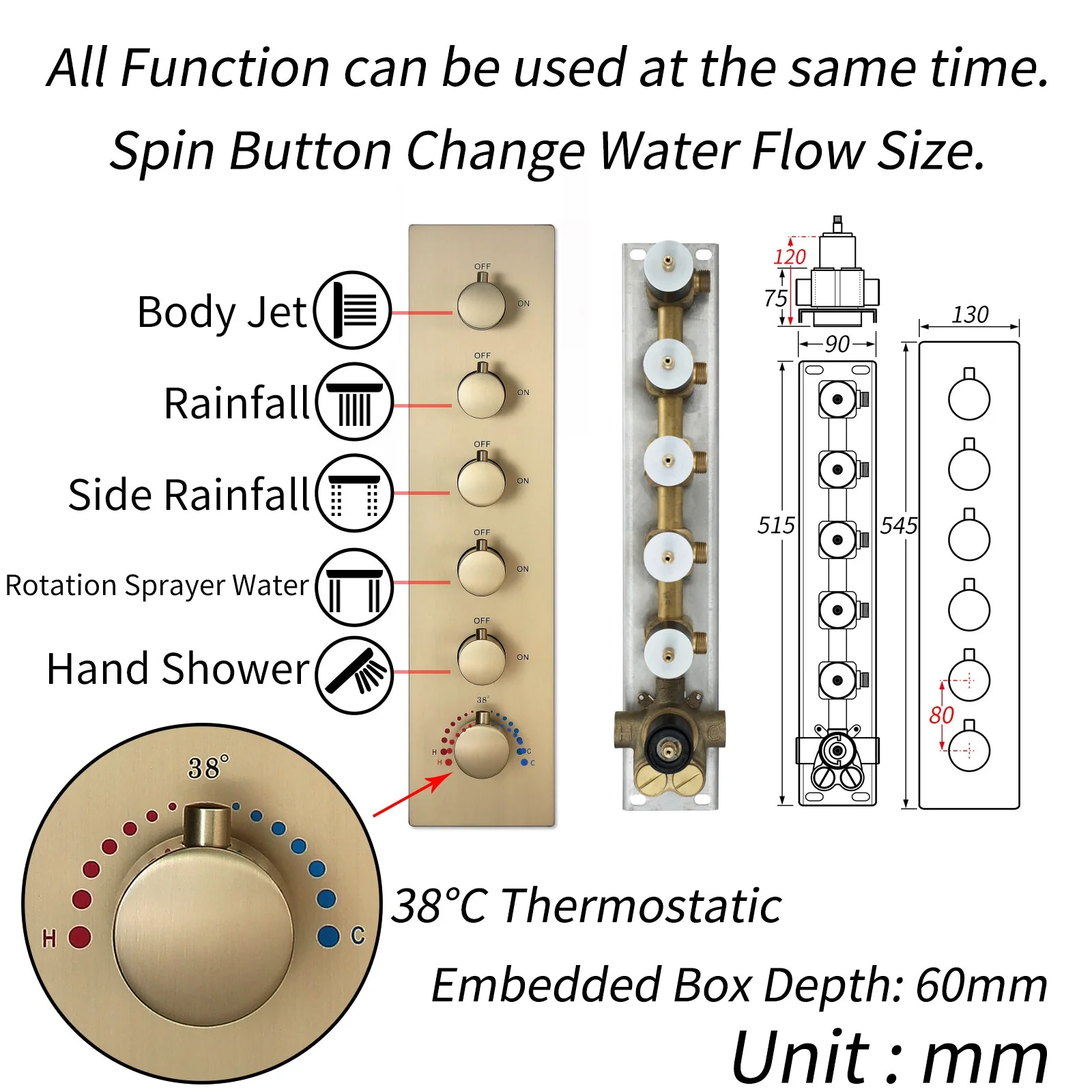 64 LED colors music led flushed in 24x12 inch 3 functions shower head 5 way thermostatic shower faucet with 6'' regular head 4 finish colors options - Image 30