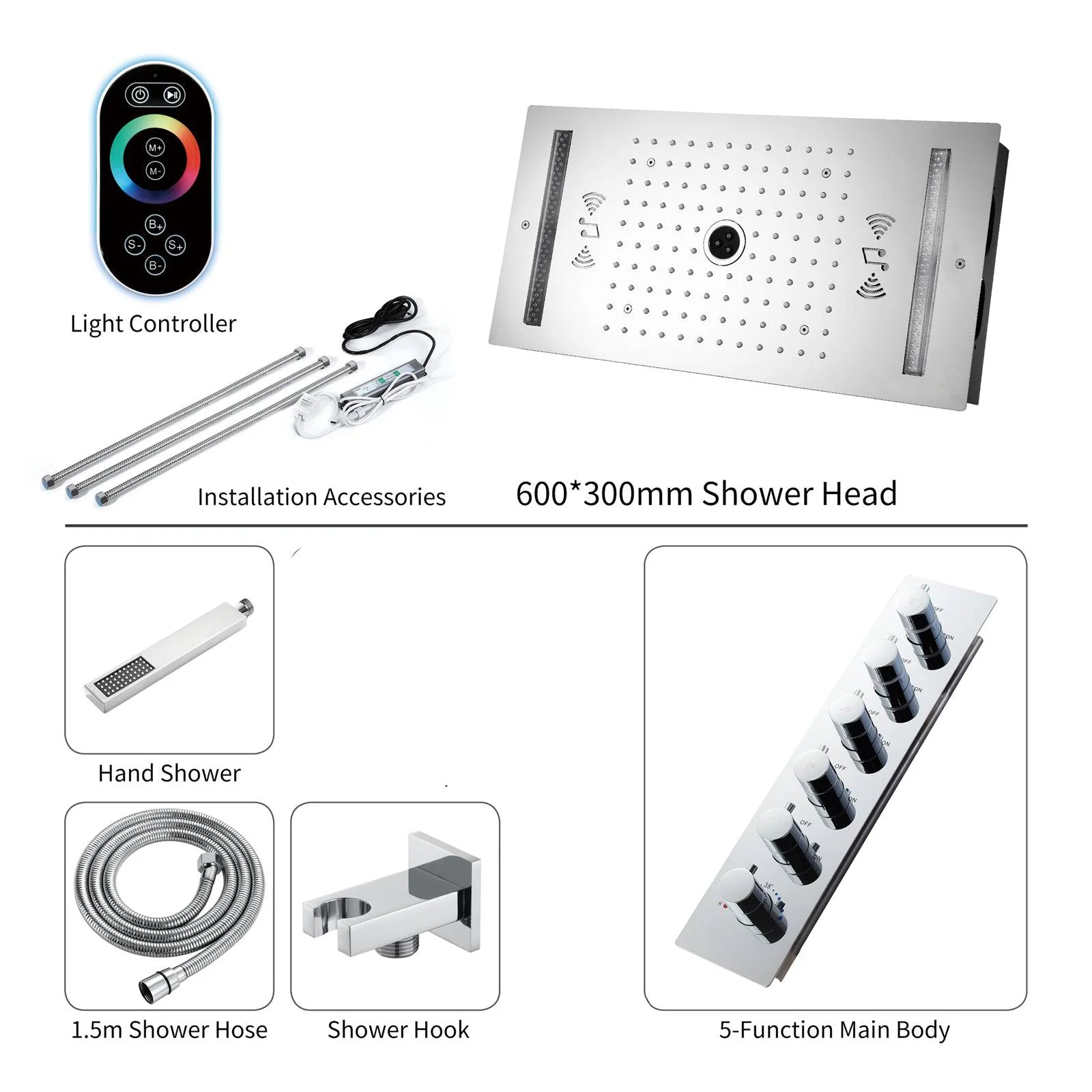 64 LED colors music led flushed in 24x12 inch 3 functions shower head 5 way thermostatic shower faucet with 6'' regular head 4 finish colors options - Image 6