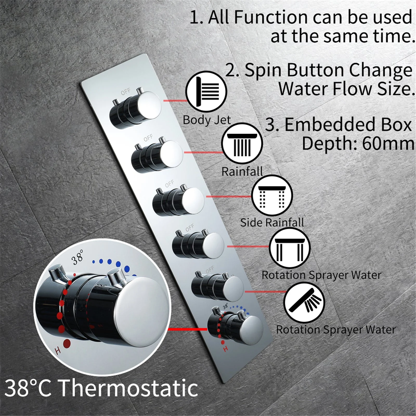 64 LED colors music led flushed in 24x12 inch 3 functions shower head 5 way thermostatic shower faucet with 6'' regular head 4 finish colors options - Image 7