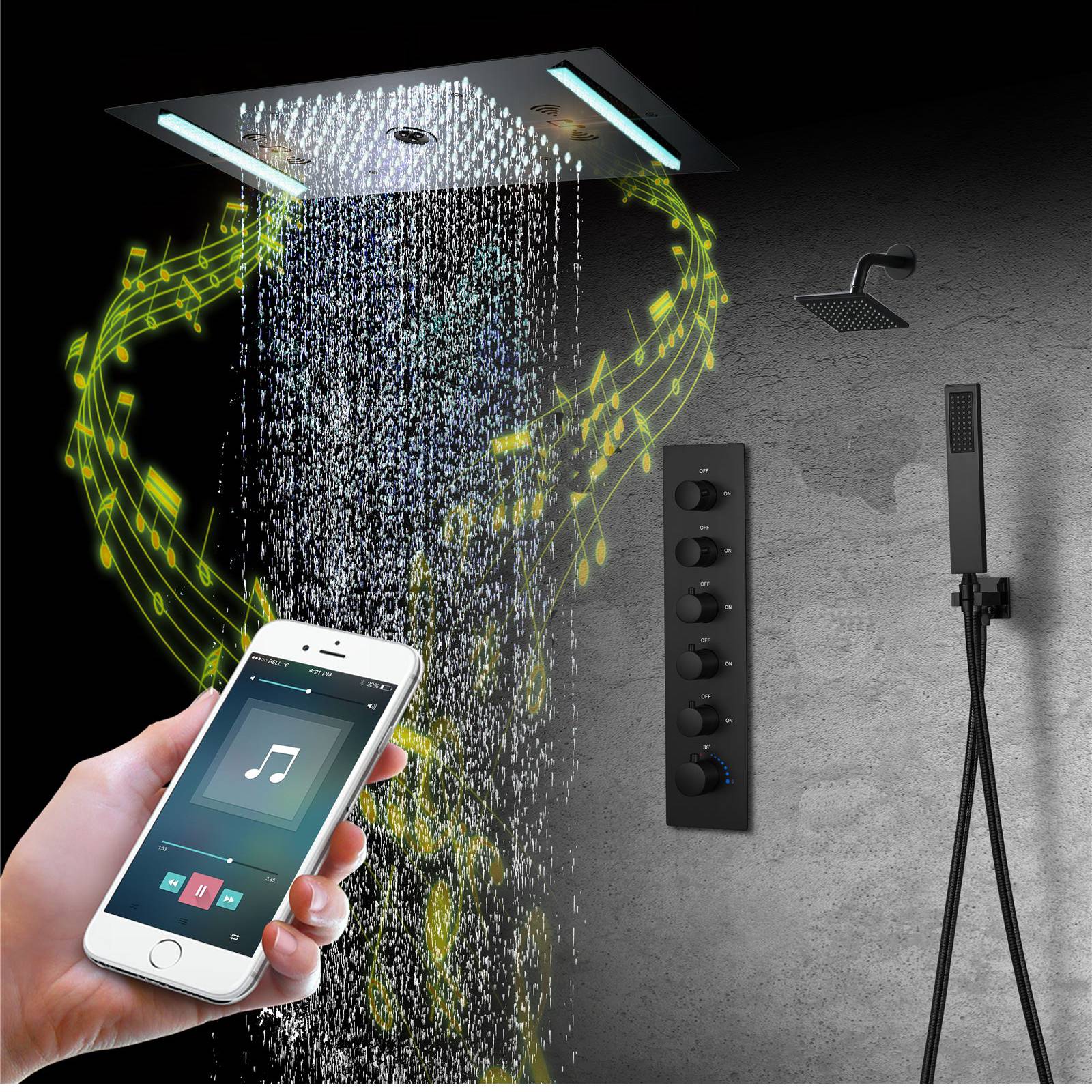 64 LED colors music led flushed in 24x12 inch 3 functions shower head 5 way thermostatic shower faucet with 6'' regular head 4 finish colors options - Image 9