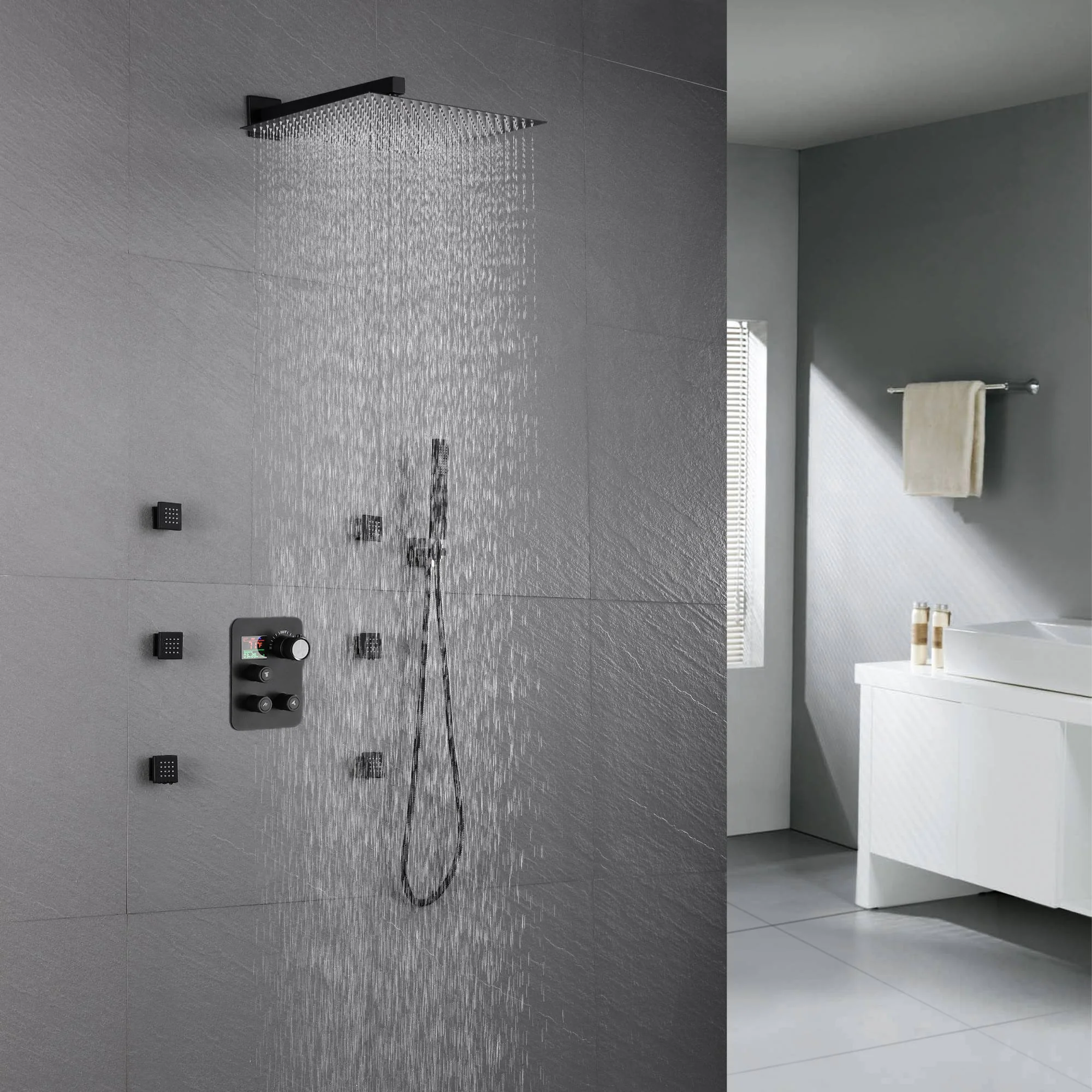 3-Way Matte Black Wall-Mounted Thermostatic Shower System with 12'' or 16'' Rain Head or 6 inch regular headOptional LED Light - Image 7