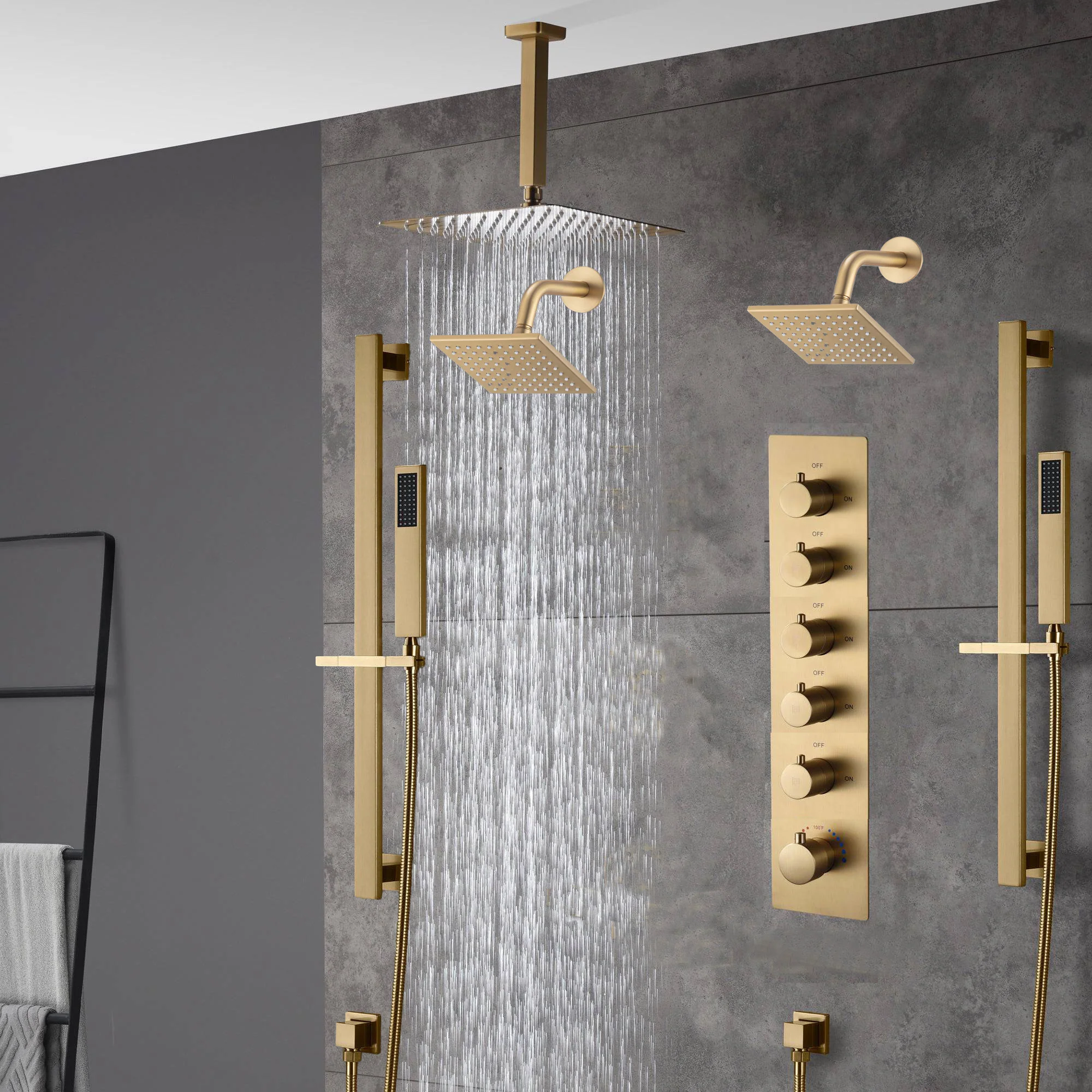Brushed gold 12 inch or 16 inch rain head 5 way digital display thermostatic shower faucet with Dual Regular heads