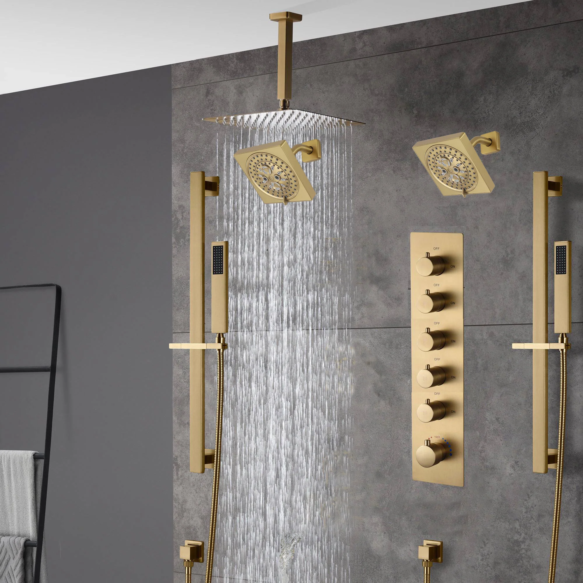 Brushed gold 12 inch or 16 inch rain head 5 way digital display thermostatic shower faucet with Dual Regular heads - Image 3