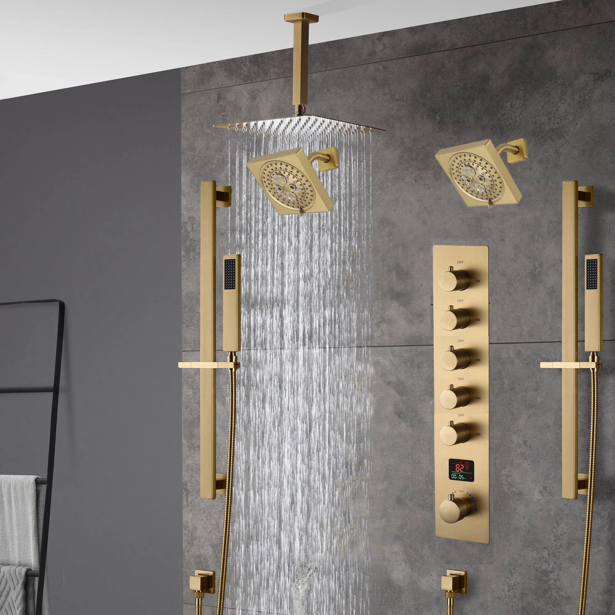 Brushed gold 12 inch or 16 inch rain head 5 way digital display thermostatic shower faucet with Dual Regular heads - Image 4