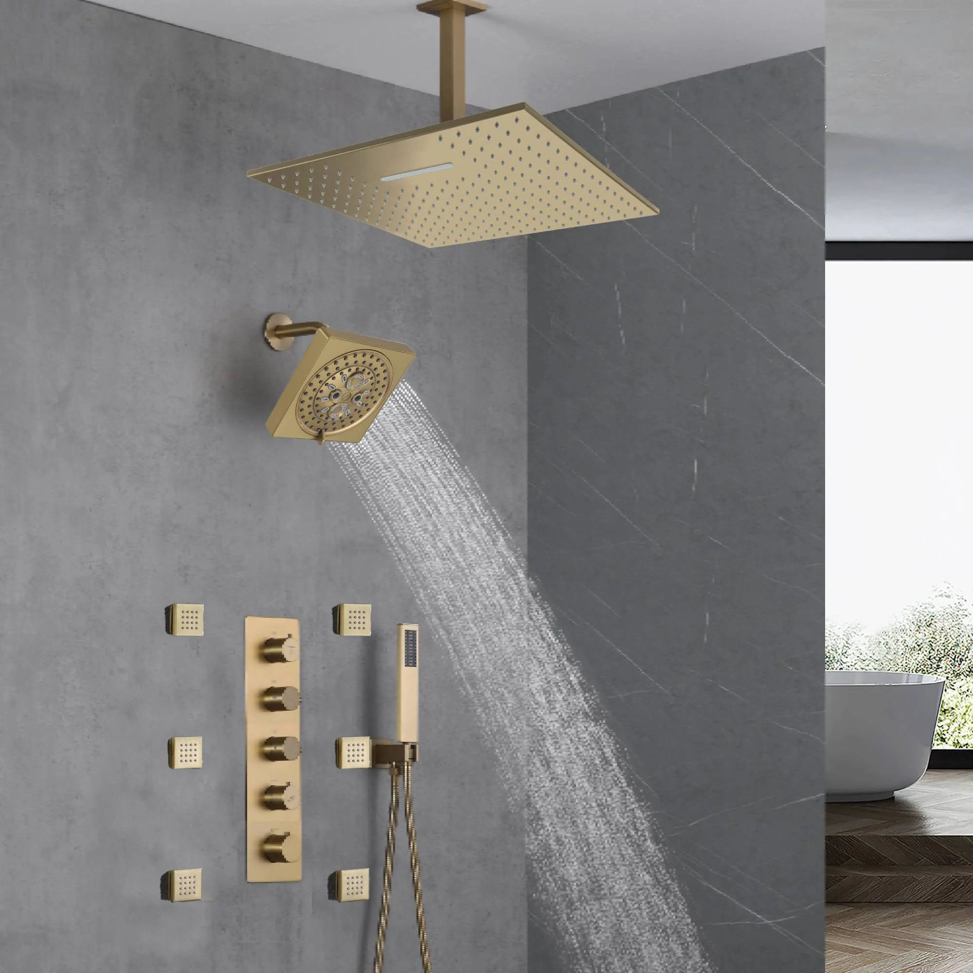 Brushed Gold 16-Inch Rainfall Ceiling Mount Shower Head with 4-Way Thermostatic Faucet, Body Jets, and High-Pressure Wall Mount Head - Image 7