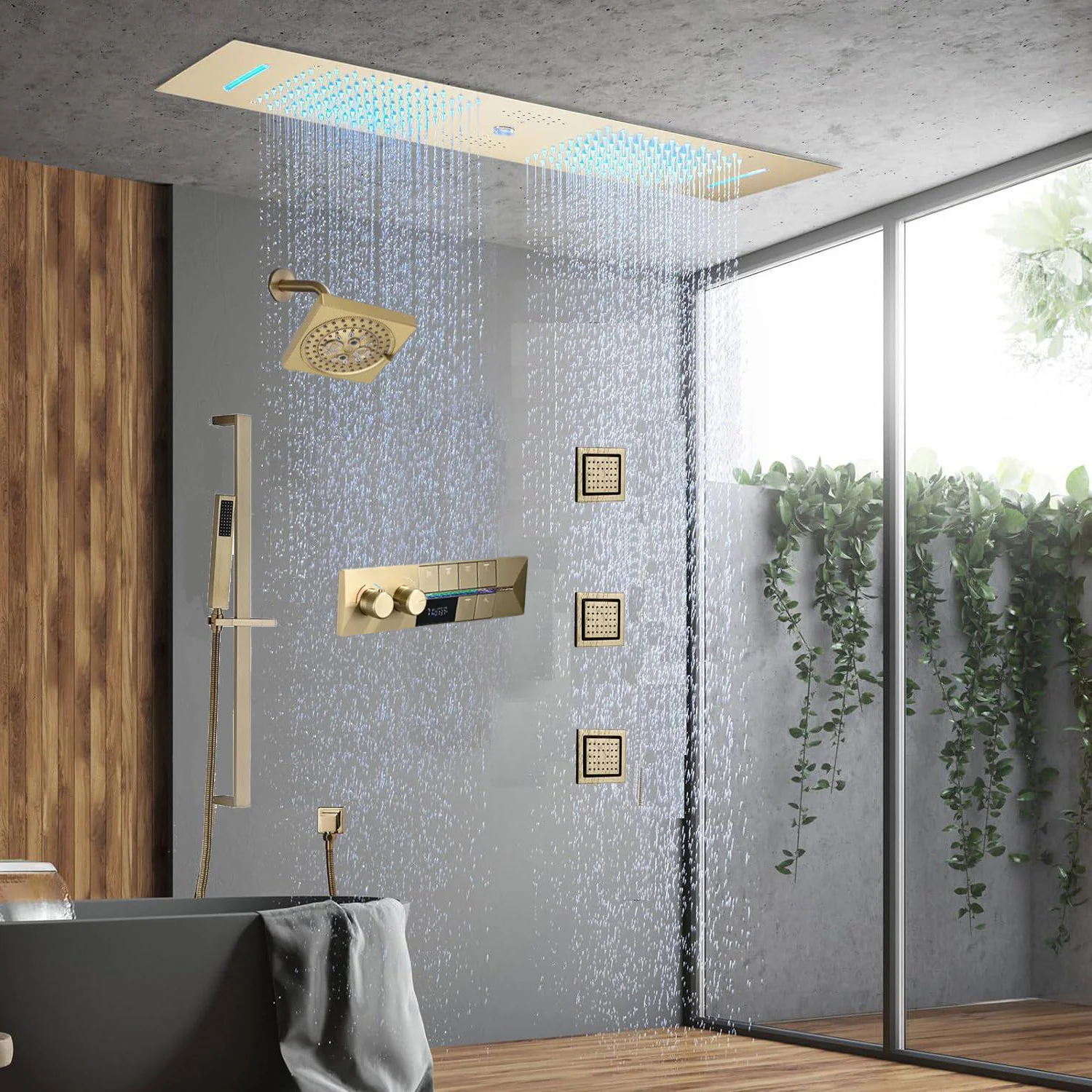 Brushed Gold 35" Bluetooth Music LED Shower System with Waterfall, 6-Way Digital Thermostatic Valve, Body Jets, Touch Panel - Image 2