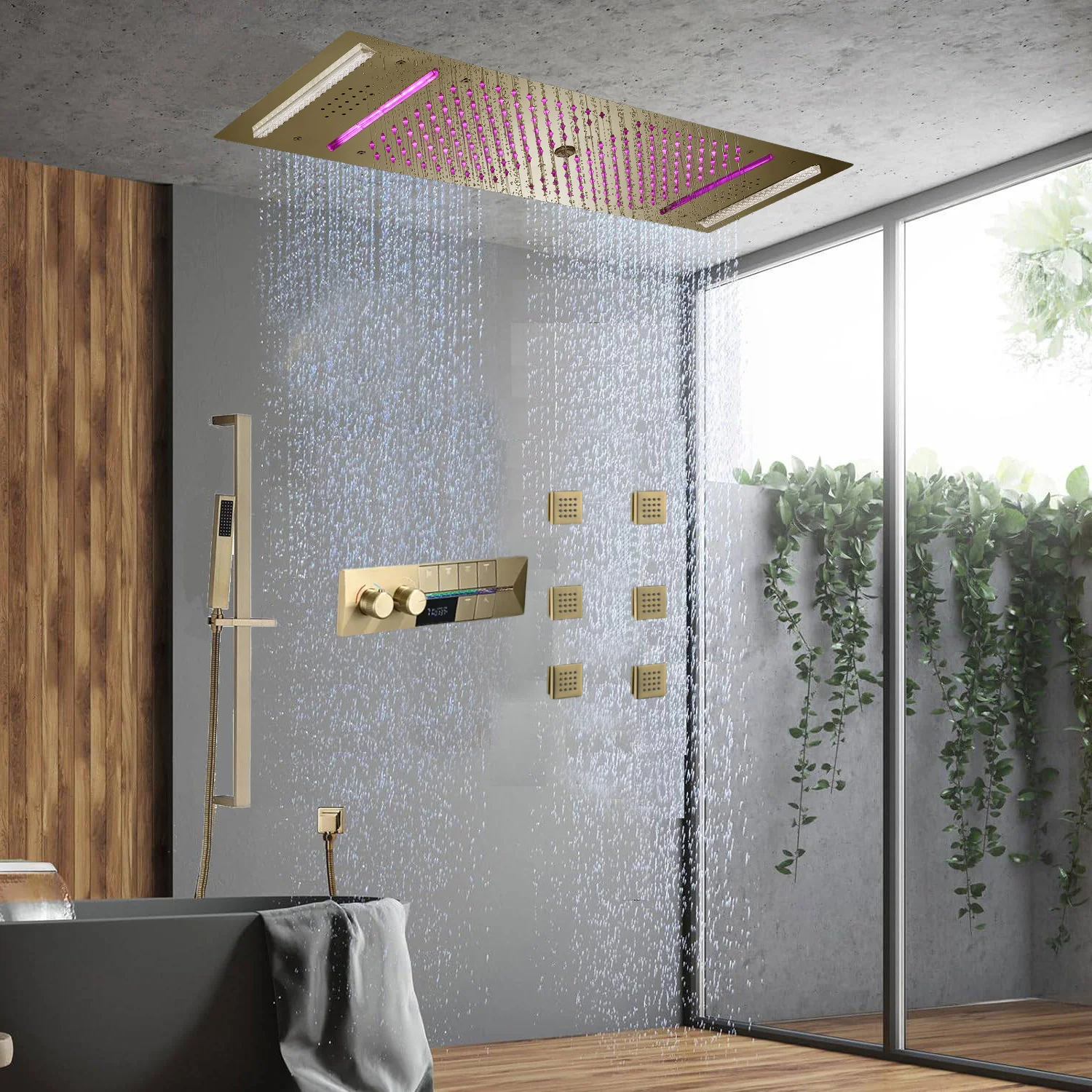 Brushed Gold 35" Bluetooth Music LED Shower System with Waterfall,rainfall water column 6-Way Digital Thermostatic Valve, Body Jets, Touch Panel