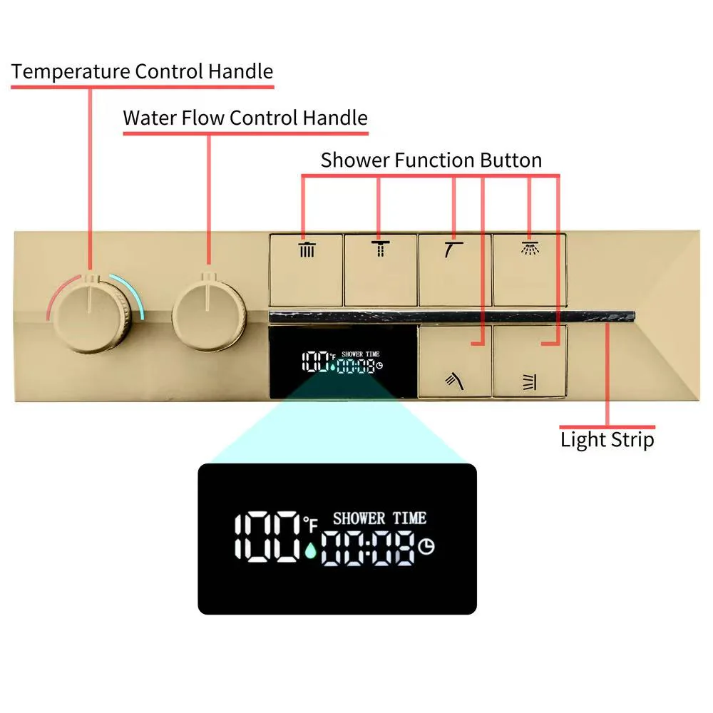 Brushed Gold 35" Bluetooth Music LED Shower System with Waterfall,rainfall water column 6-Way Digital Thermostatic Valve, Body Jets, Touch Panel - Image 13