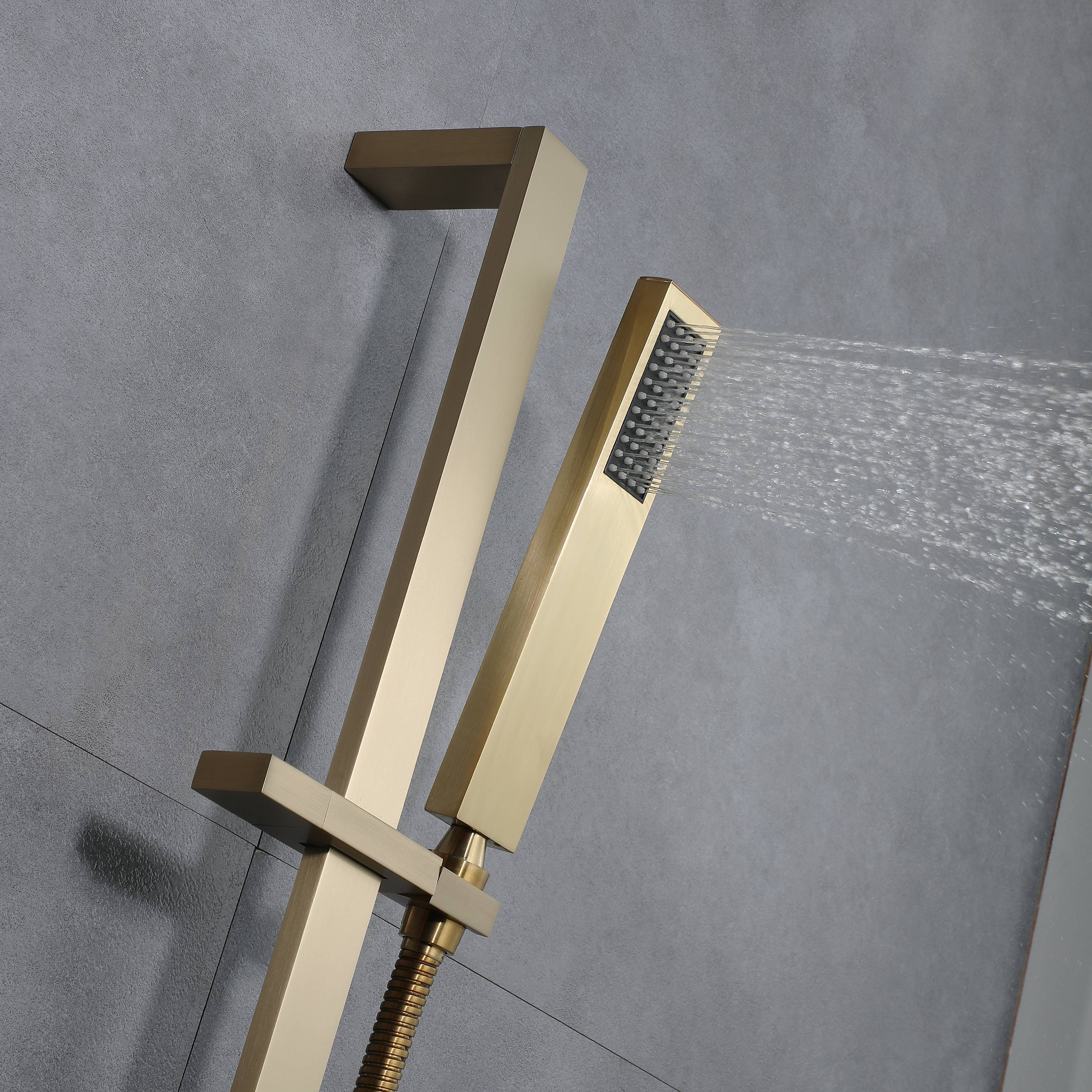 Brushed Gold 35" Bluetooth Music LED Shower System with Waterfall,rainfall water column 6-Way Digital Thermostatic Valve, Body Jets, Touch Panel - Image 25