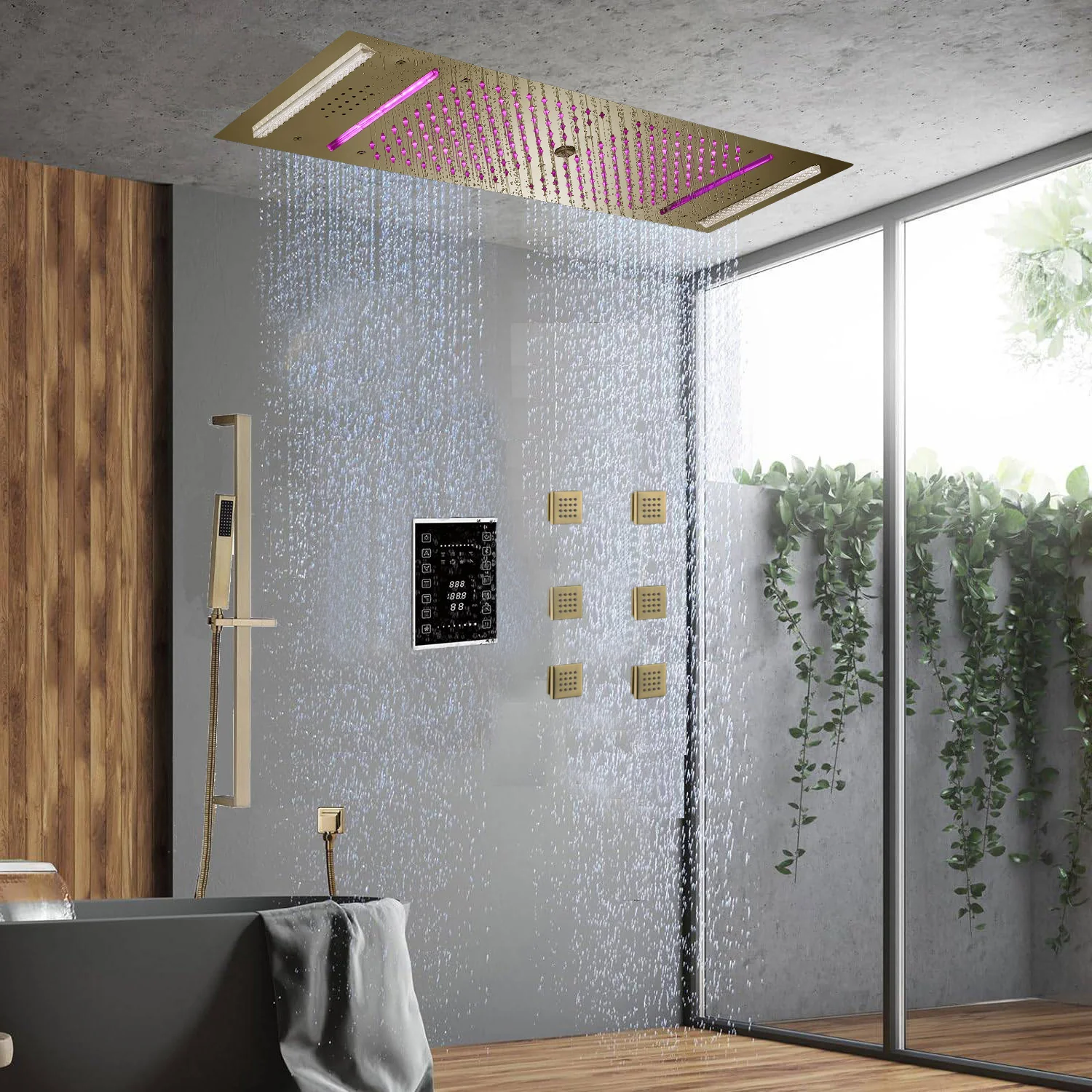 Brushed Gold 35" Bluetooth Music LED Shower System with Waterfall,rainfall water column 6-Way Digital Thermostatic Valve, Body Jets, Touch Panel - Image 6