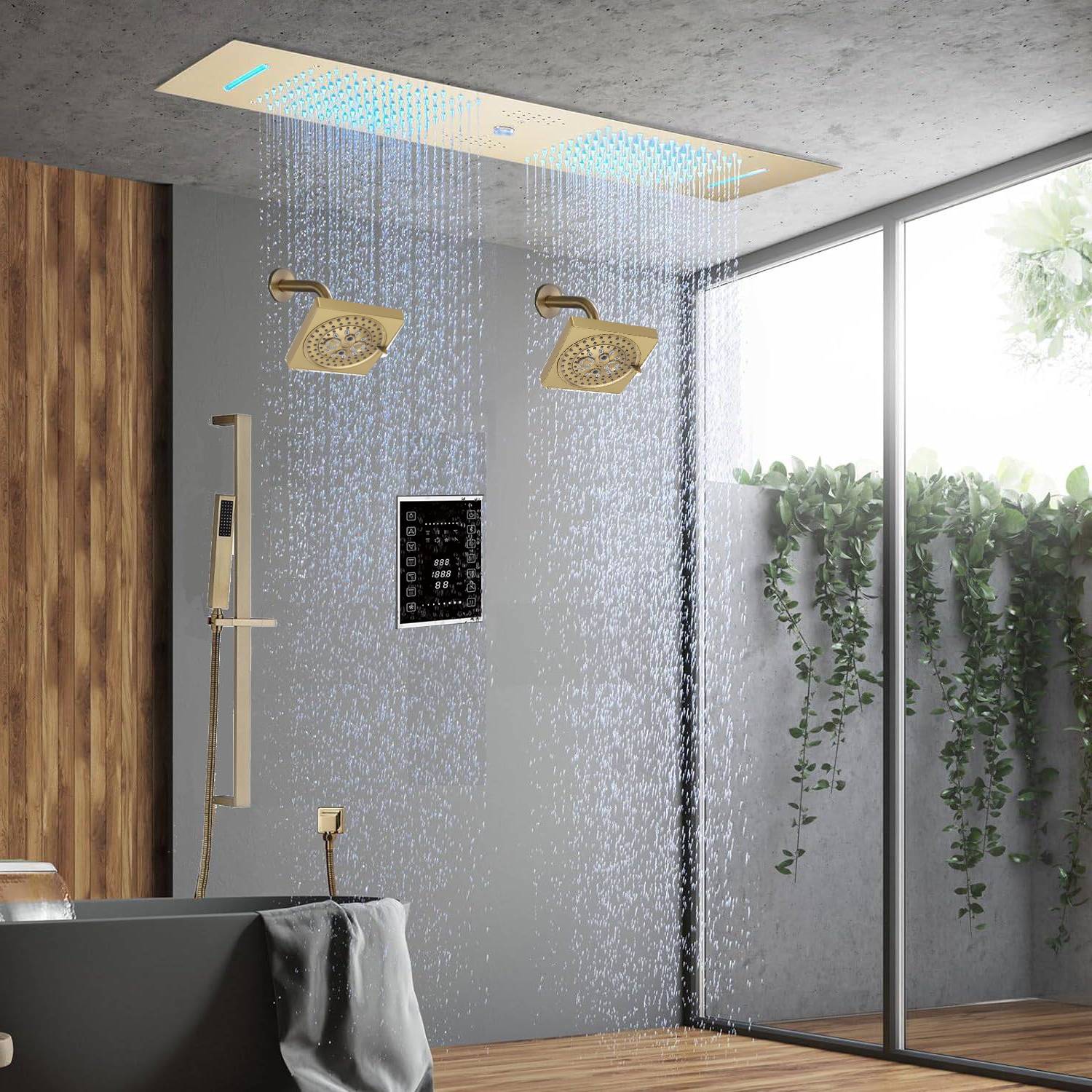 Brushed Gold or matte black or brushed nickel or chrome 35" Bluetooth Music LED Shower System with Waterfall, 6-Way Touch Digital Thermostatic Valve, Dual Regular Head, Touch Panel - Image 2