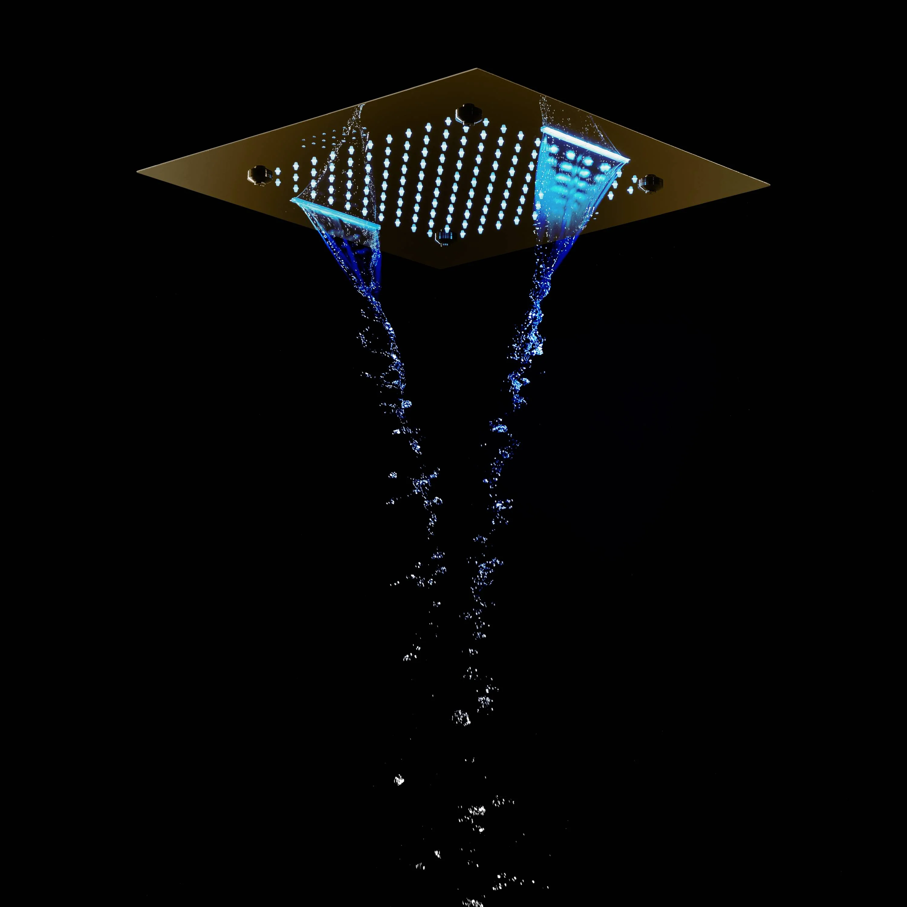 Brushed Gold 5-Way Thermostatic Shower System with 20-Inch LED Rainfall, Waterfall, and Mist Functions, Bluetooth Music, 6 Body Jets, and Touch Panel Control, Flush-Mounted Design - Image 6