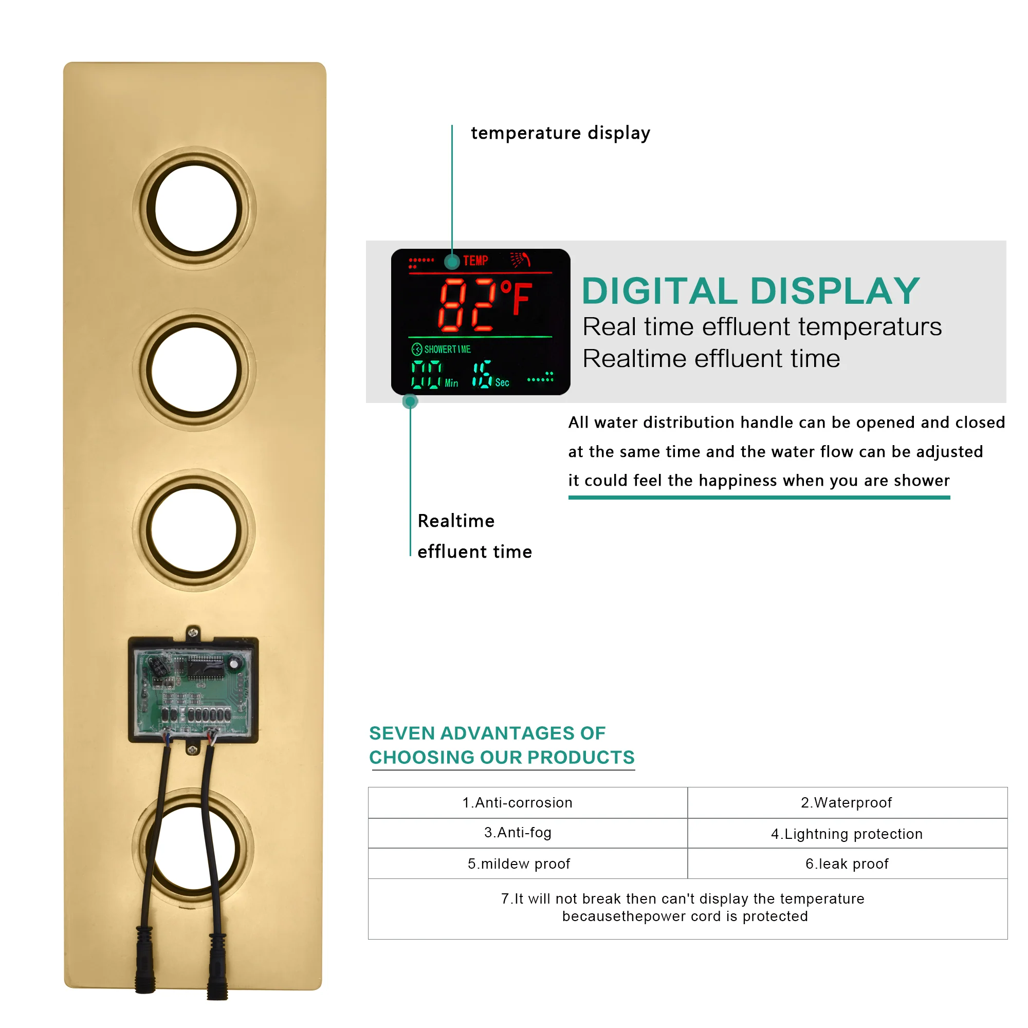 Brushed gold ceiling mount 12 inch or 16 inch or 20 inch rain head 3 way digital display thermostatic shower faucet with large body sprayers - Image 10