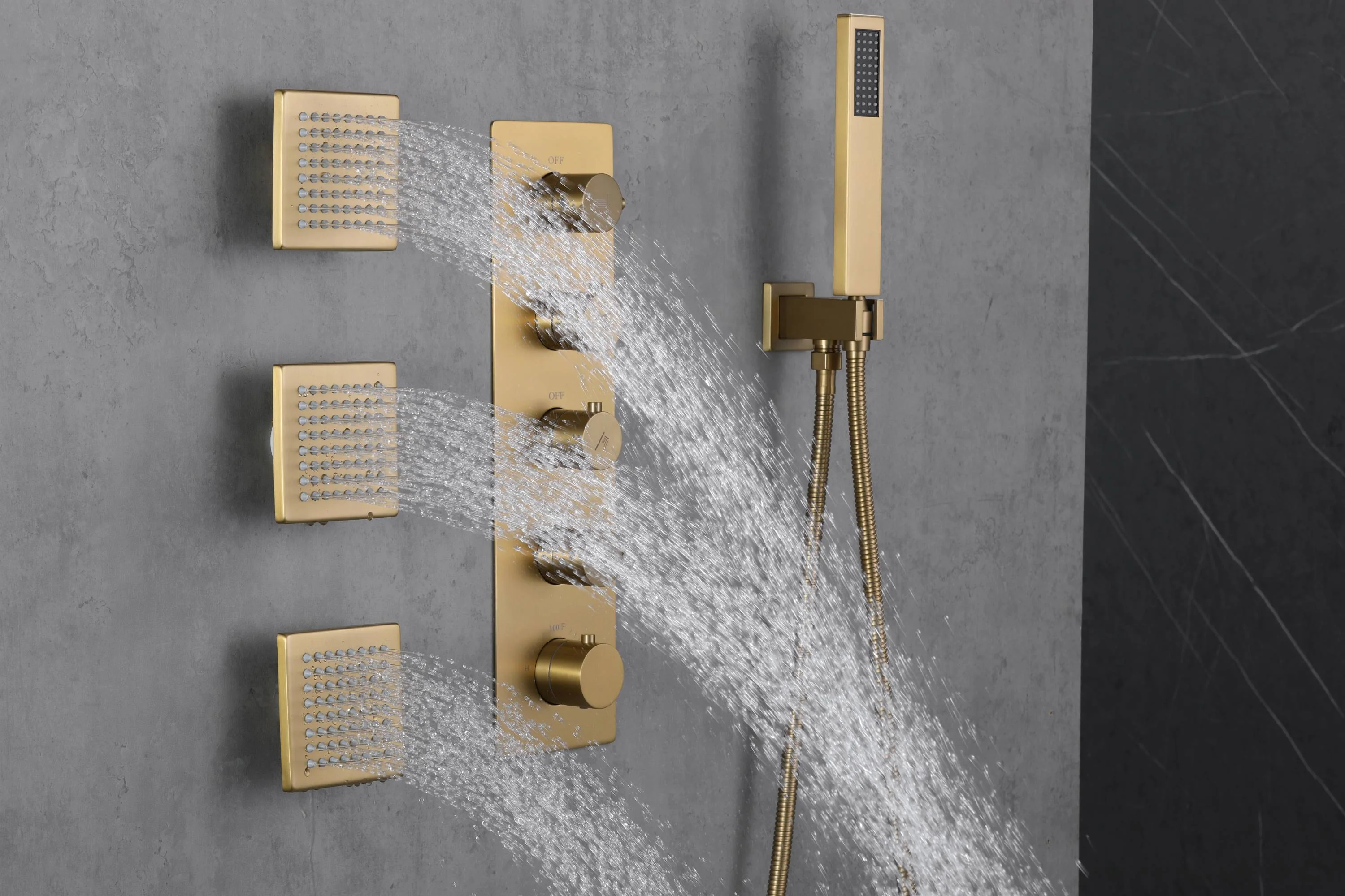 Brushed Gold 16-Inch Rainfall Ceiling Mount Shower Head with 4-Way Thermostatic Faucet, Body Jets, and High-Pressure Wall Mount Head - Image 13