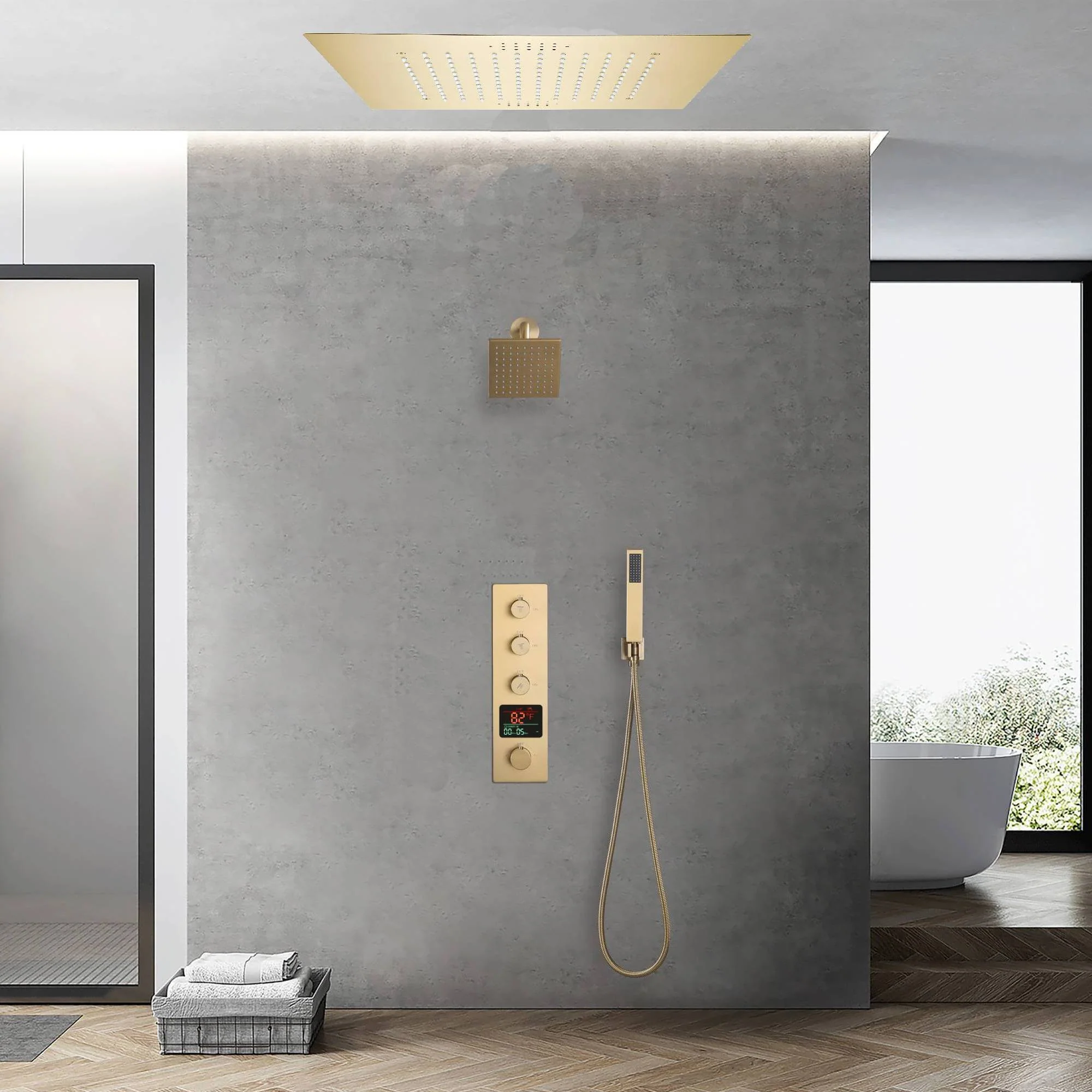 Brushed Gold 3-Way Thermostatic Shower Faucet with Optional Digital Display, 20-inch Flush-Mounted LED-Lit Bluetooth Music Shower Head and Regular Head - Image 21