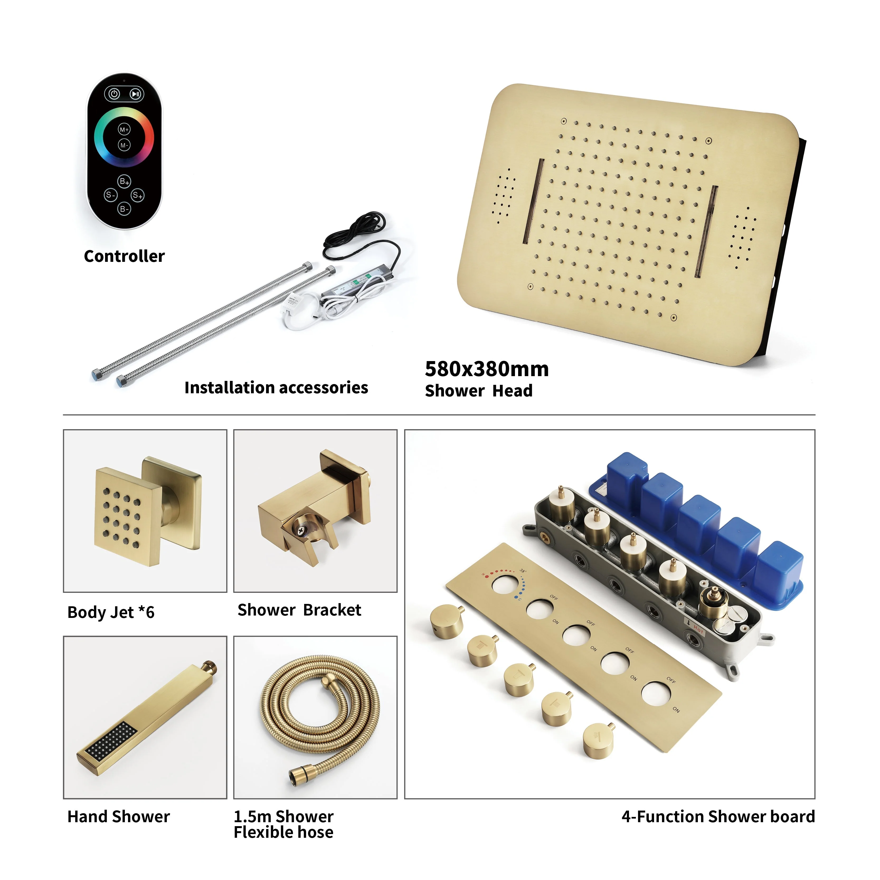 Brushed Gold LED Shower System: 23" x 15" or 20" x 20" Flush Mount with 6-Way Control - Image 15