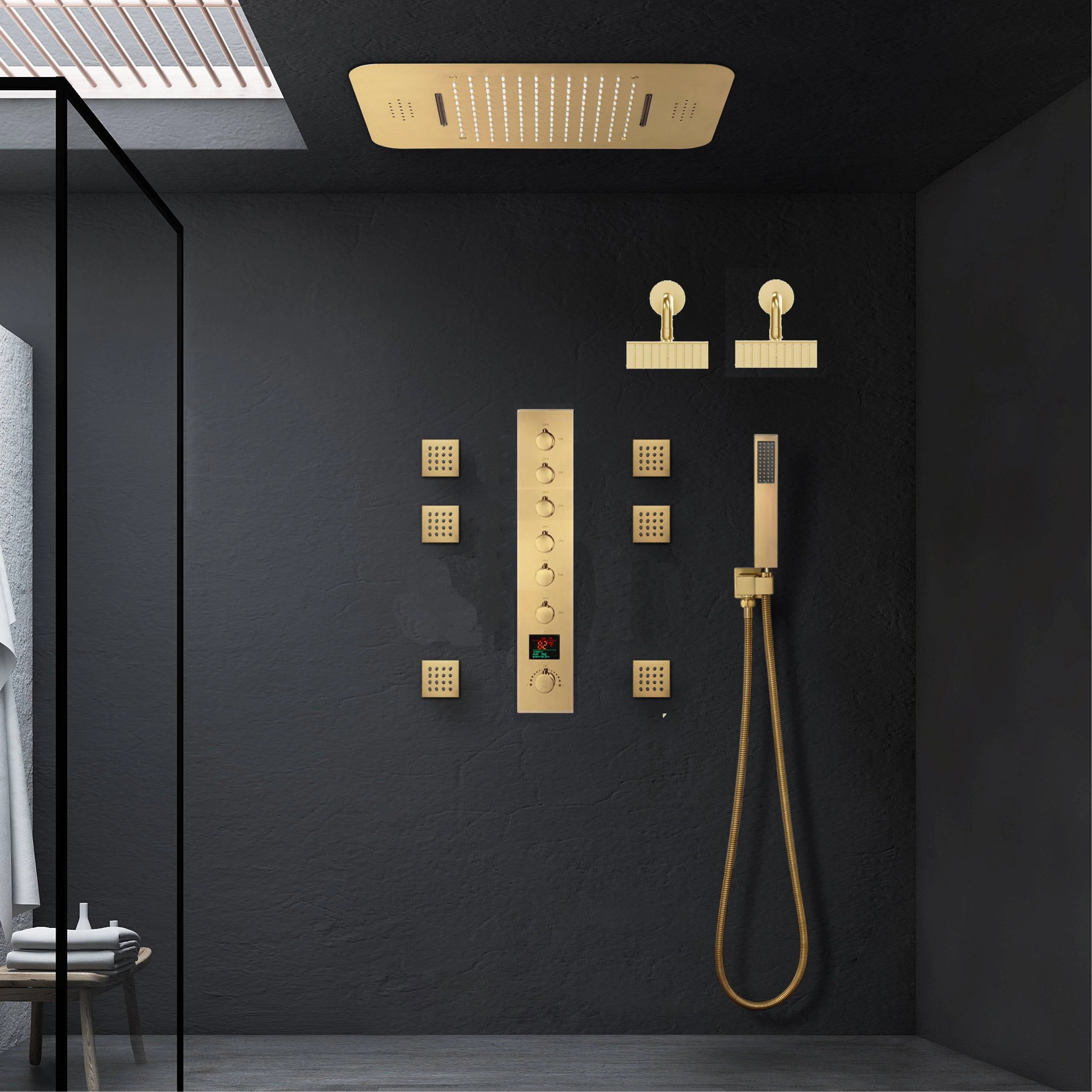 Brushed Gold LED Shower System: 23" x 15" or 20" x 20" Flush Mount with 6-Way Control - Image 4