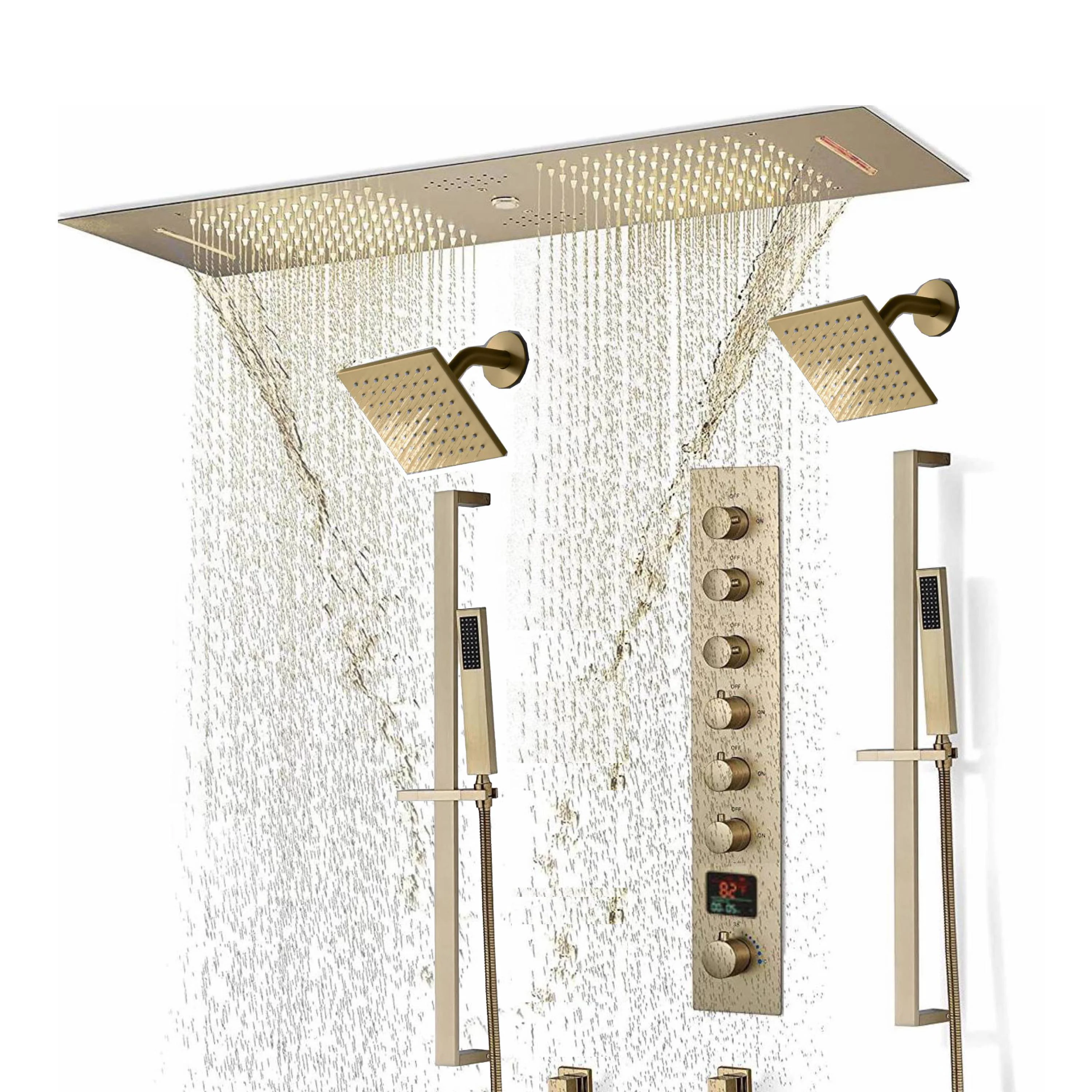 Brushed Gold or Brushed Nickel 35" Bluetooth Music LED Shower System with Waterfall, 6-Way Digital Thermostatic Shower Faucet, Dual Regular Head, Touch Panel - Image 2