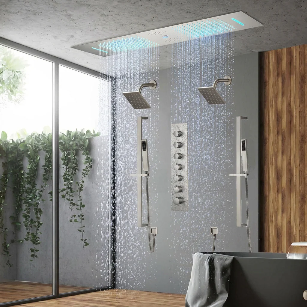 Brushed Gold or Brushed Nickel 35" Bluetooth Music LED Shower System with Waterfall, 6-Way Digital Thermostatic Shower Faucet, Dual Regular Head, Touch Panel - Image 21