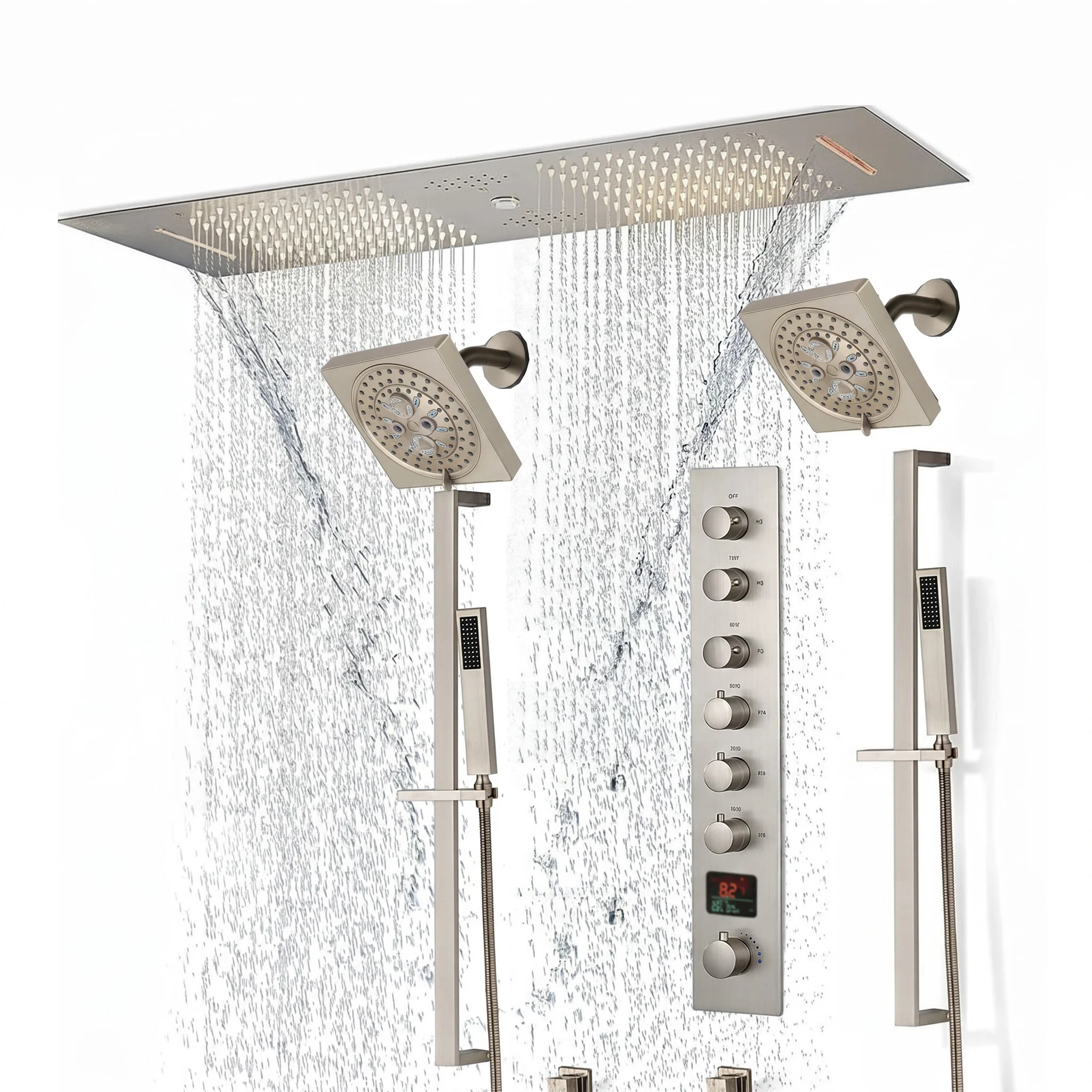 Brushed Gold or Brushed Nickel 35" Bluetooth Music LED Shower System with Waterfall, 6-Way Digital Thermostatic Shower Faucet, Dual Regular Head, Touch Panel - Image 24
