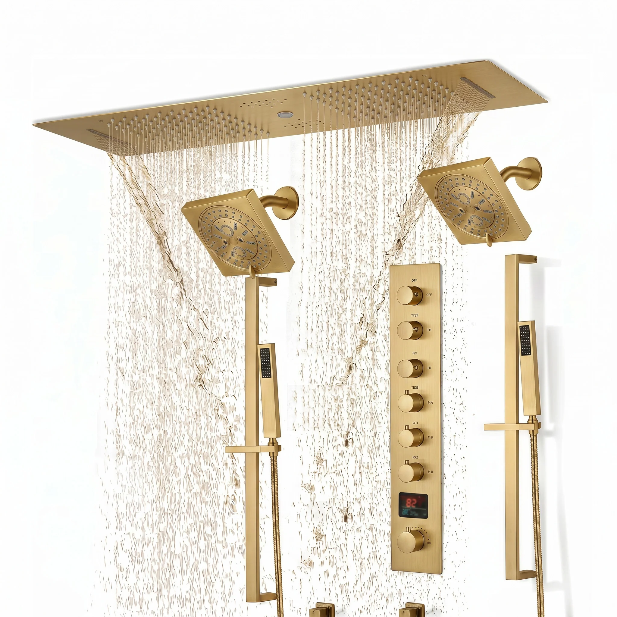 Brushed Gold or Brushed Nickel 35" Bluetooth Music LED Shower System with Waterfall, 6-Way Digital Thermostatic Shower Faucet, Dual Regular Head, Touch Panel - Image 3