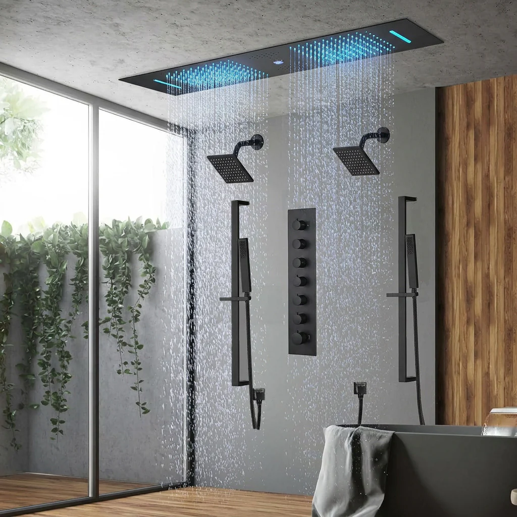 Brushed Gold or Brushed Nickel 35" Bluetooth Music LED Shower System with Waterfall, 6-Way Digital Thermostatic Shower Faucet, Dual Regular Head, Touch Panel - Image 31