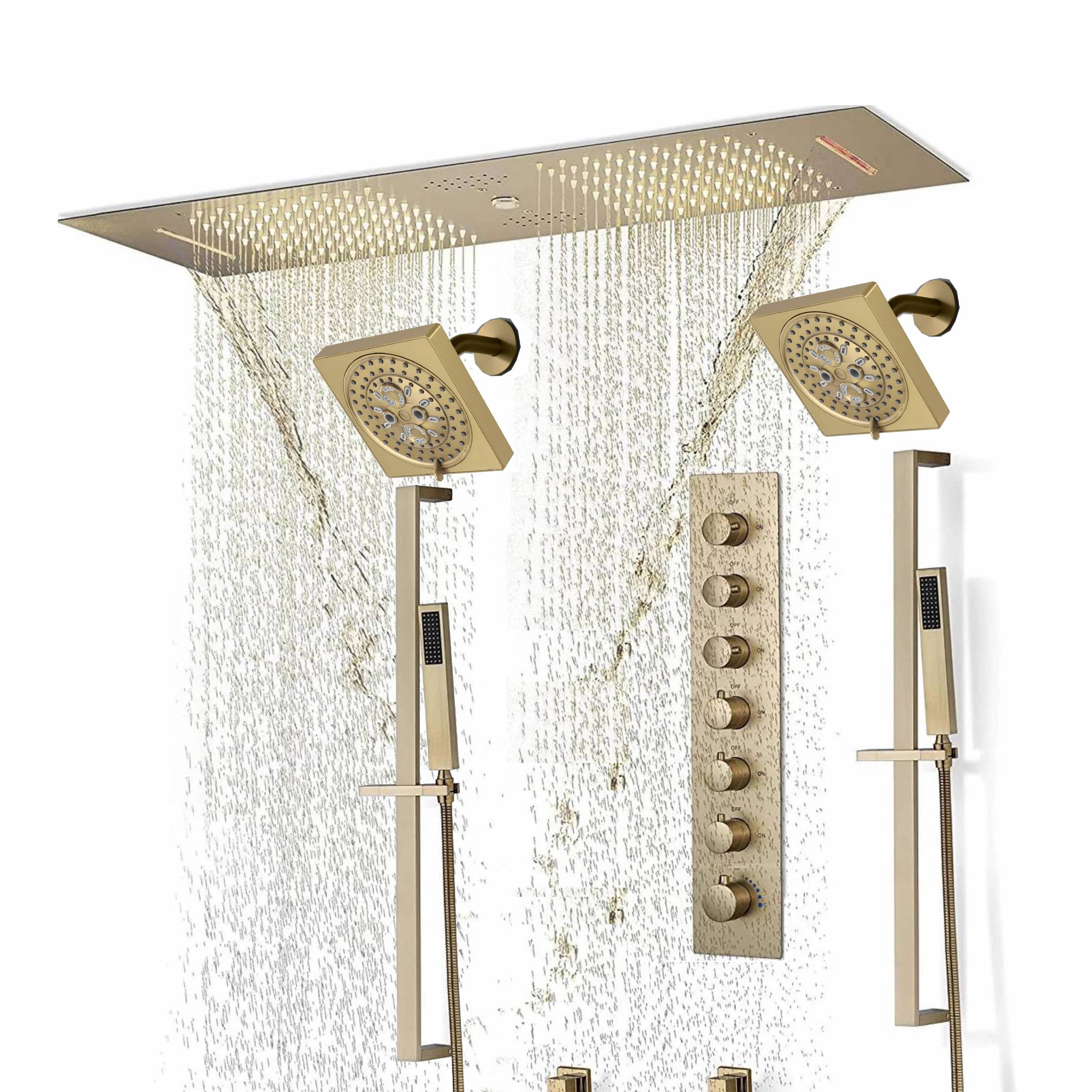 Brushed Gold or Brushed Nickel 35" Bluetooth Music LED Shower System with Waterfall, 6-Way Digital Thermostatic Shower Faucet, Dual Regular Head, Touch Panel - Image 5