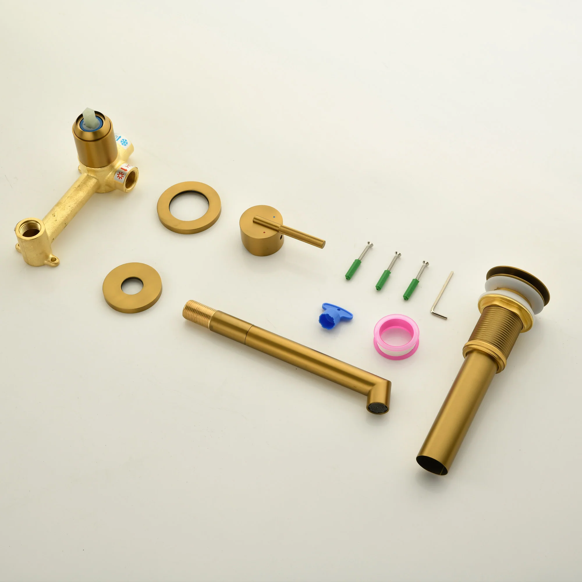 Brushed Gold Wall Mount Waterfall Bathroom Sink Faucet with Brass Pop-Up Drain - Image 4