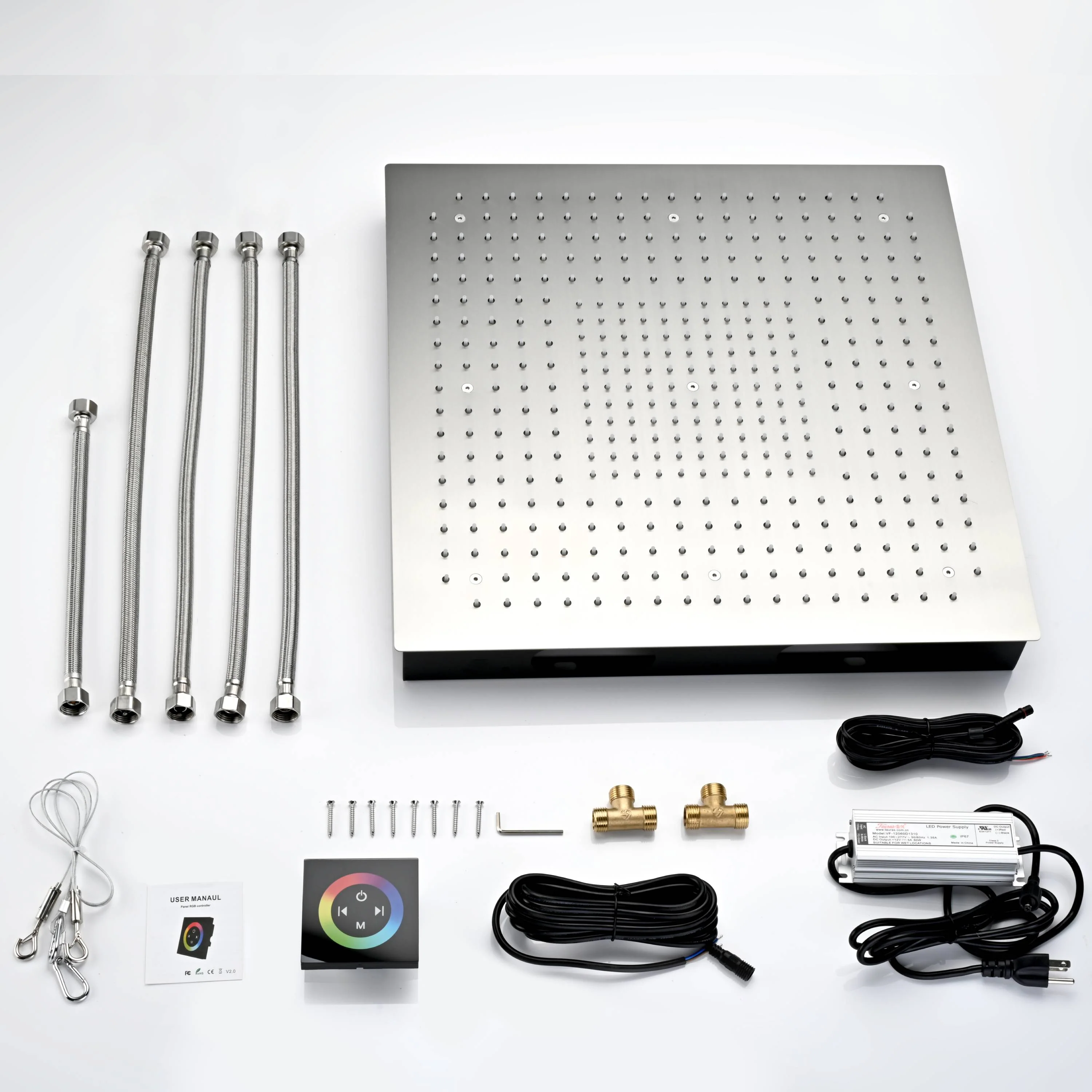 Brushed Nickel 6-Way Digital Thermostatic Shower Faucet: 20" Rainfall Head with LED Lights, Regular Head, 6 Body Jets - Image 24