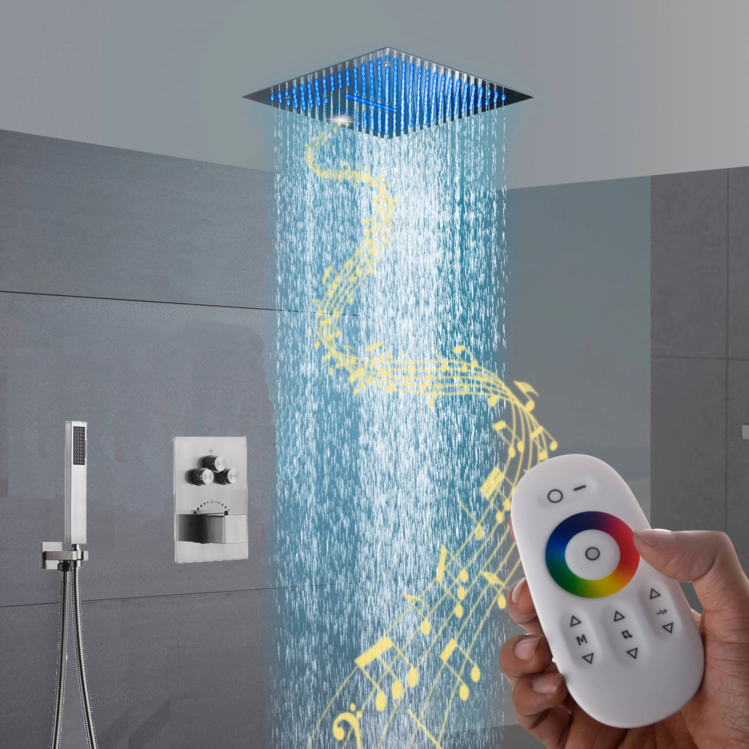 16-Inch Brushed Nickel Shower Faucet: 3-Way Control, Flush-Mounted, 64-Color LED Lighting, Bluetooth Music Rainfall & Waterfall Features, with Three Options for Rough-In Valve Choice - Image 2
