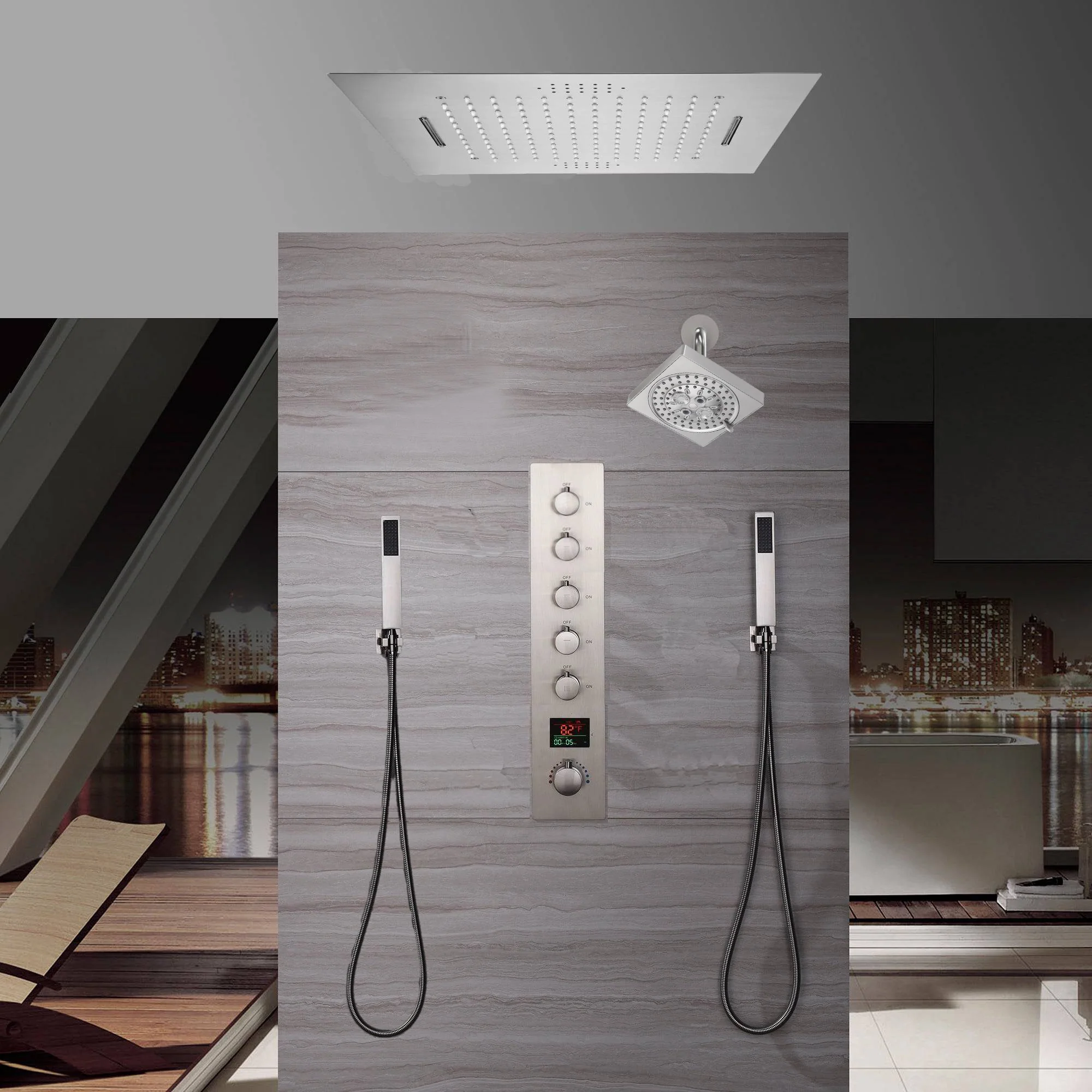 Brushed Nickel Flush-Mounted 5-Way Digital Thermostatic Shower System: Regular Heads, 20-Inch Rainfall Waterfall Shower Head with 64-Color LED Lights and Bluetooth Music Functionality - Image 2