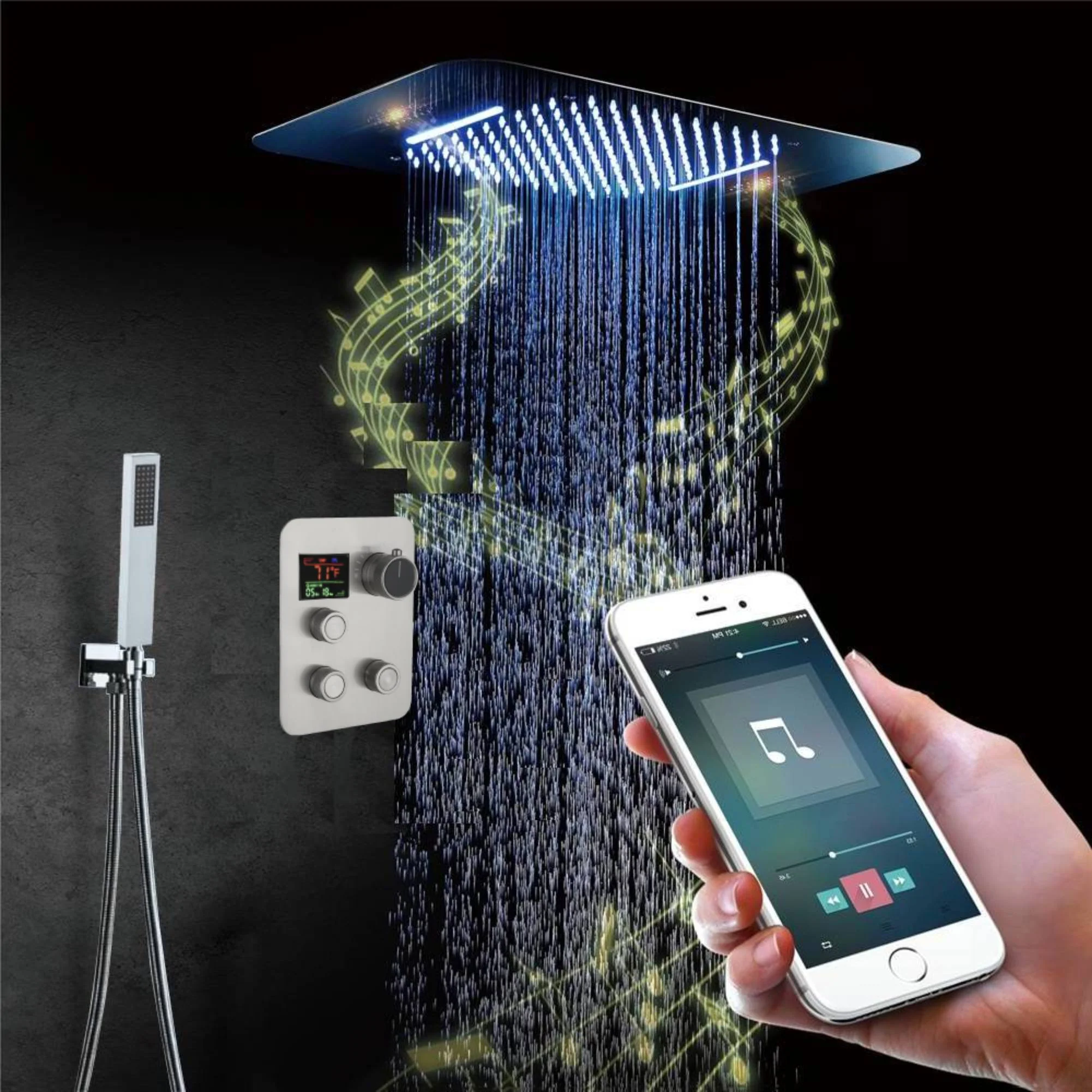 Brushed nickel Music LED Flushed in 23X 15inch shower head 3 way pressure balance valve that each function run at the same time and separately
