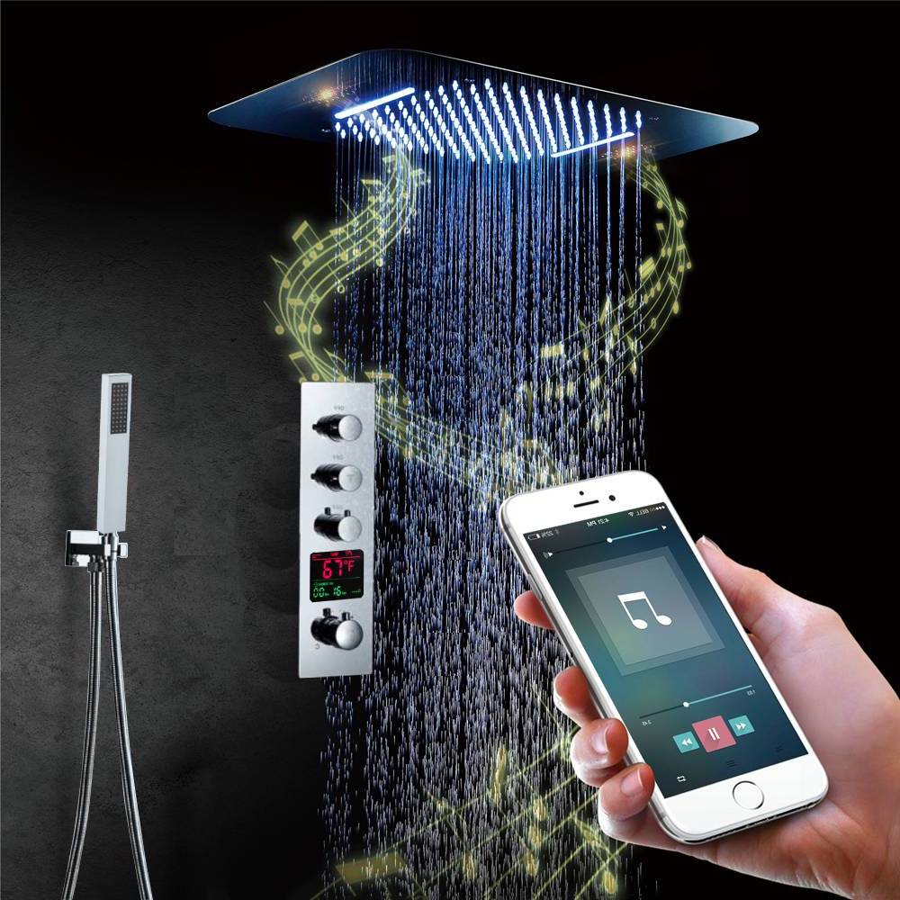 Brushed nickel Music LED Flushed in 23X 15inch shower head 3 way pressure balance valve that each function run at the same time and separately - Image 2