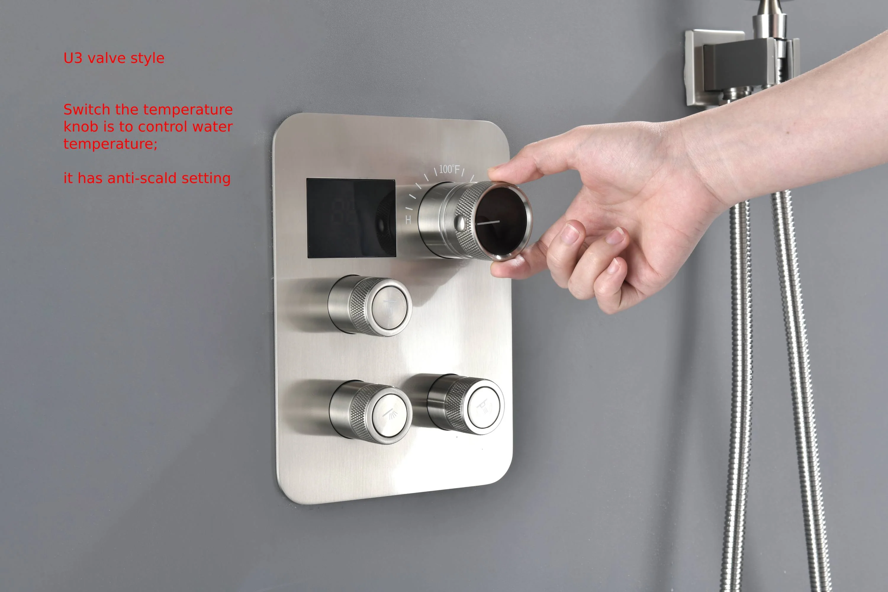 Brushed nickel Music LED Flushed in 23X 15inch shower head 3 way pressure balance valve that each function run at the same time and separately - Image 6