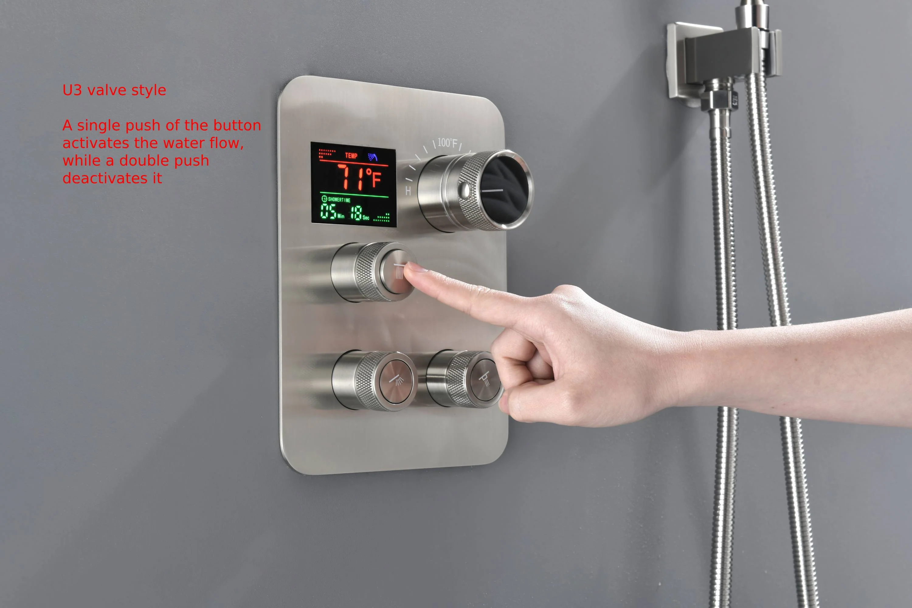 Brushed nickel Music LED Flushed in 23X 15inch shower head 3 way pressure balance valve that each function run at the same time and separately - Image 7