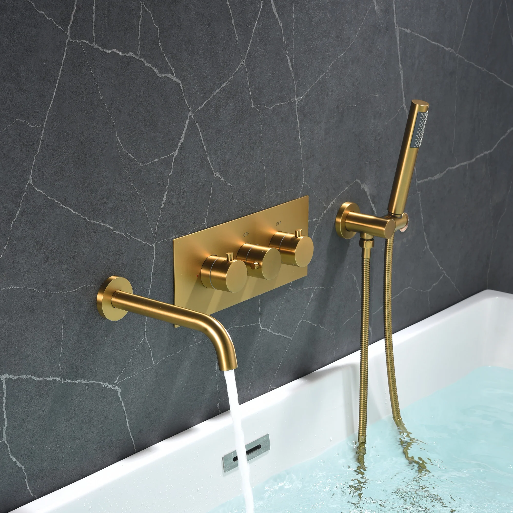 Brushed Gold Wall Mount Pressure Balance Tub Faucet with Handle Shower