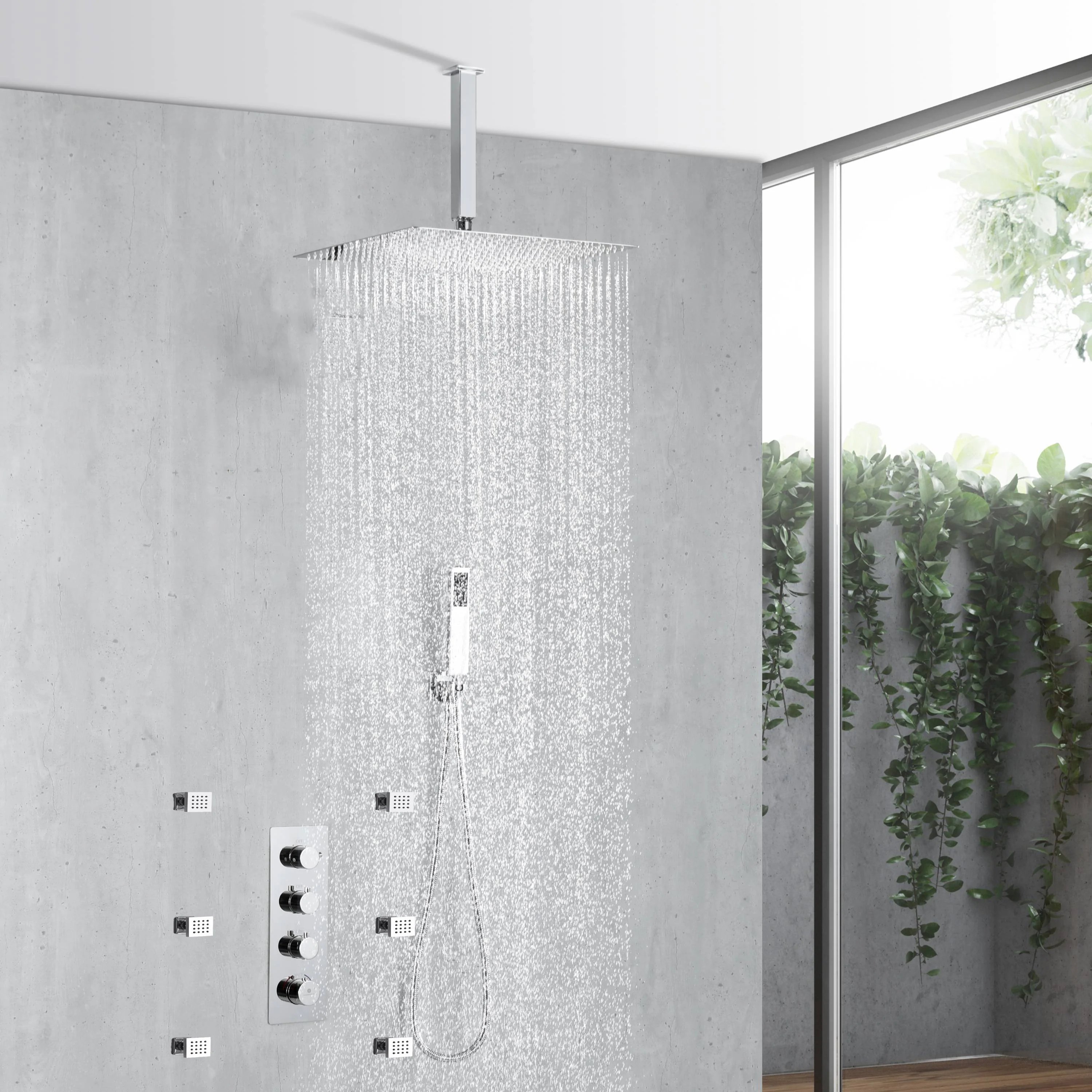 Chrome ceiling mount rainfall shower head 3 way thermostatic shower faucet each function work all together and separately - Image 2