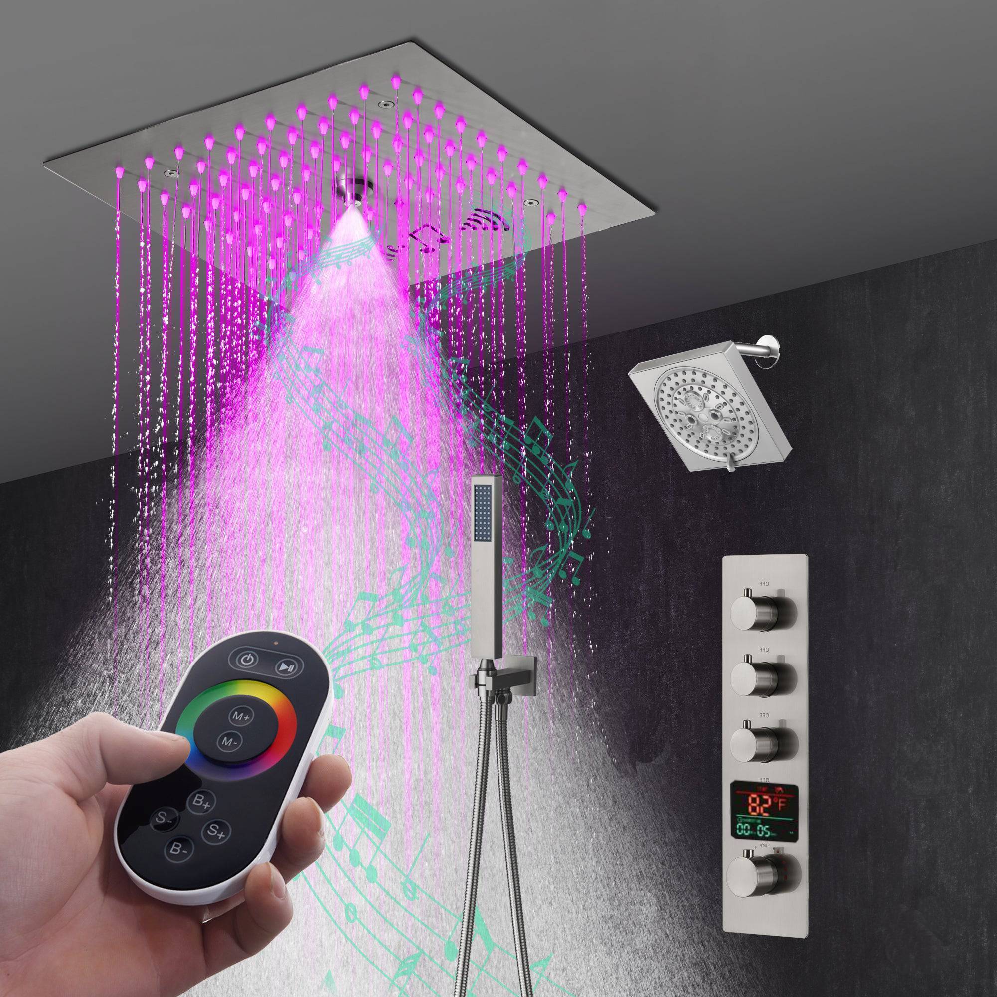 12" Brushed Nickel Thermostatic Shower Faucet: 3-Way Control, LED, Bluetooth Music, Regular Head - Image 10