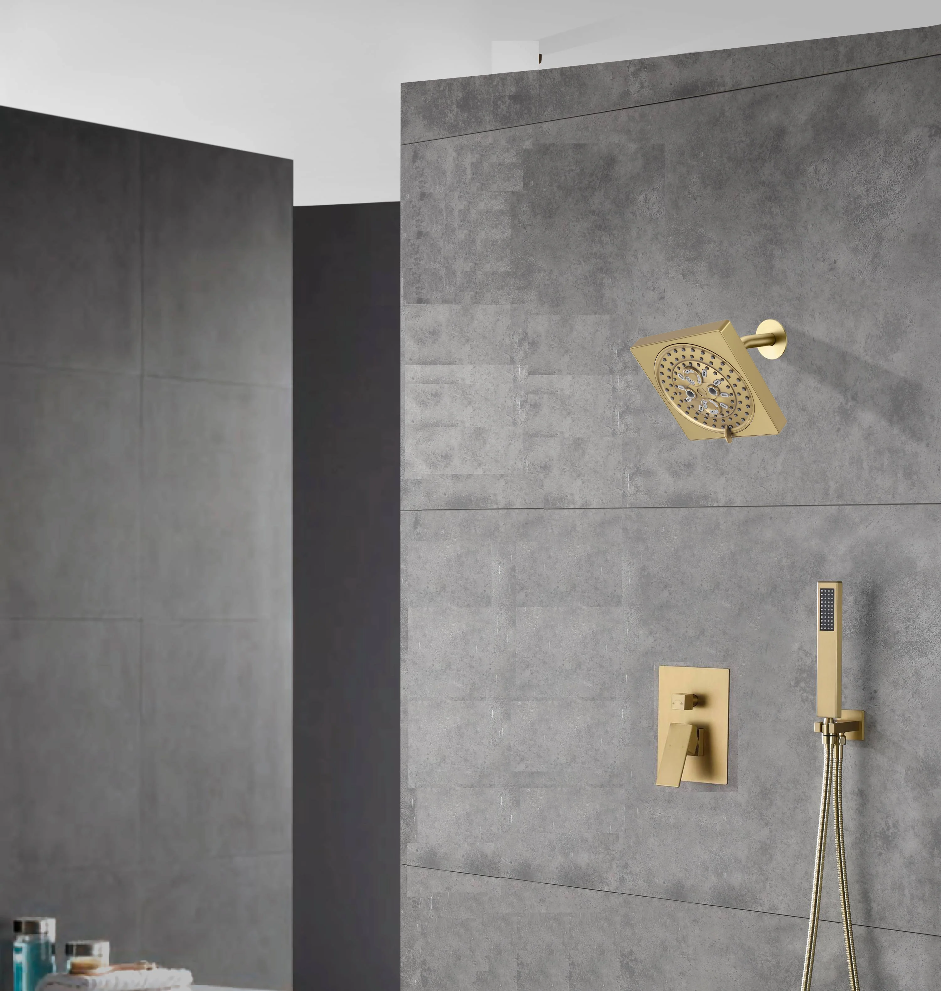 6 Inch Regular shower head wall Mount Brushed Gold two functions Shower System with pressure balance rough in valve and trim