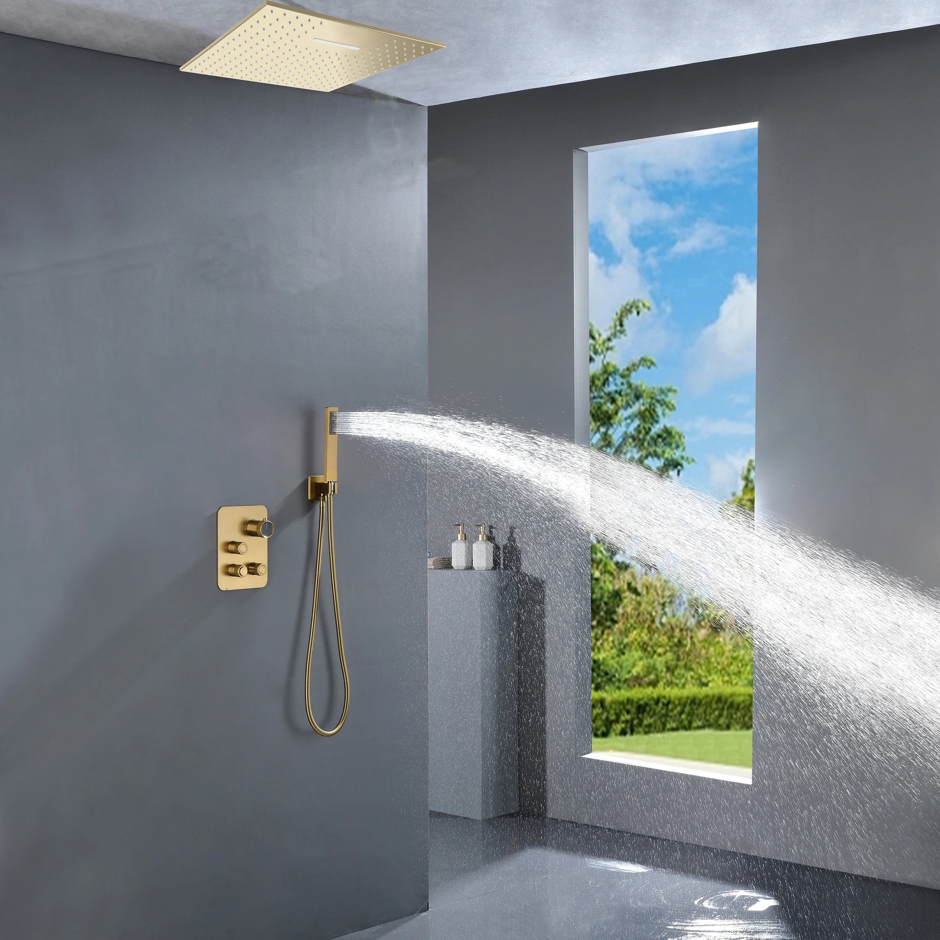20'' Rainfall Waterfall Brushed Gold Ceiling-Mounted 3-Way Thermostatic Shower System, 4 valve Opitions - Image 2