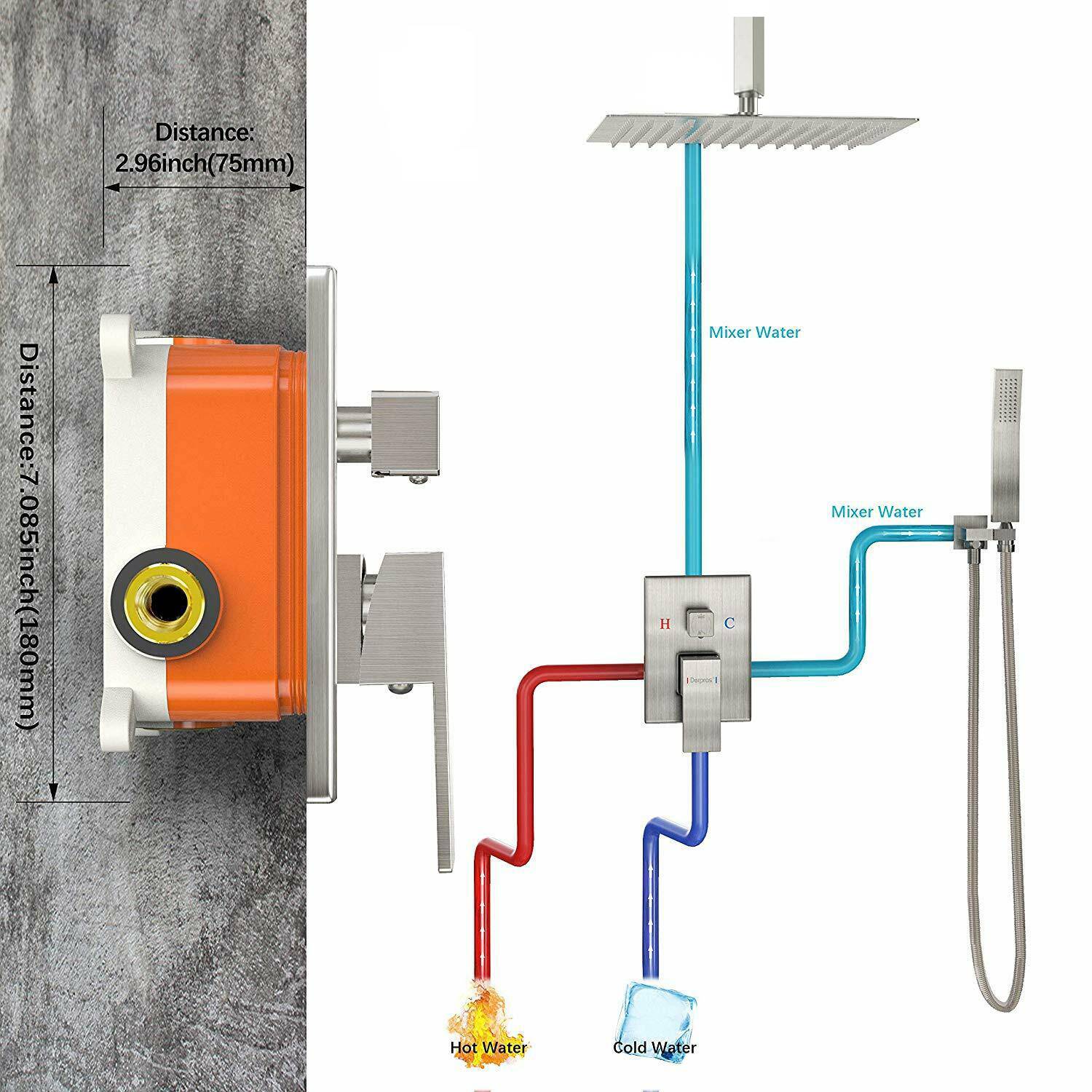 20'' or 24'' Ceiling-Mounted Chrome Rainfall Shower Faucet - Two-Way Functionality with Hand Shower & 3-Color LED System - Image 6