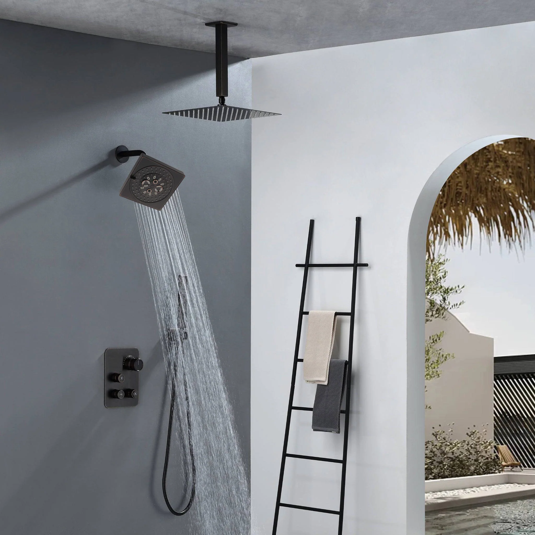 Oil Rubbed Bronze 3-Way Thermostatic Shower Faucet System with Ceiling-Mounted 12-Inch or 16-Inch Non-LED Rainfall Shower Head and Wall-Mounted 6-Inch High Water Pressure Regular Shower Head - Image 4