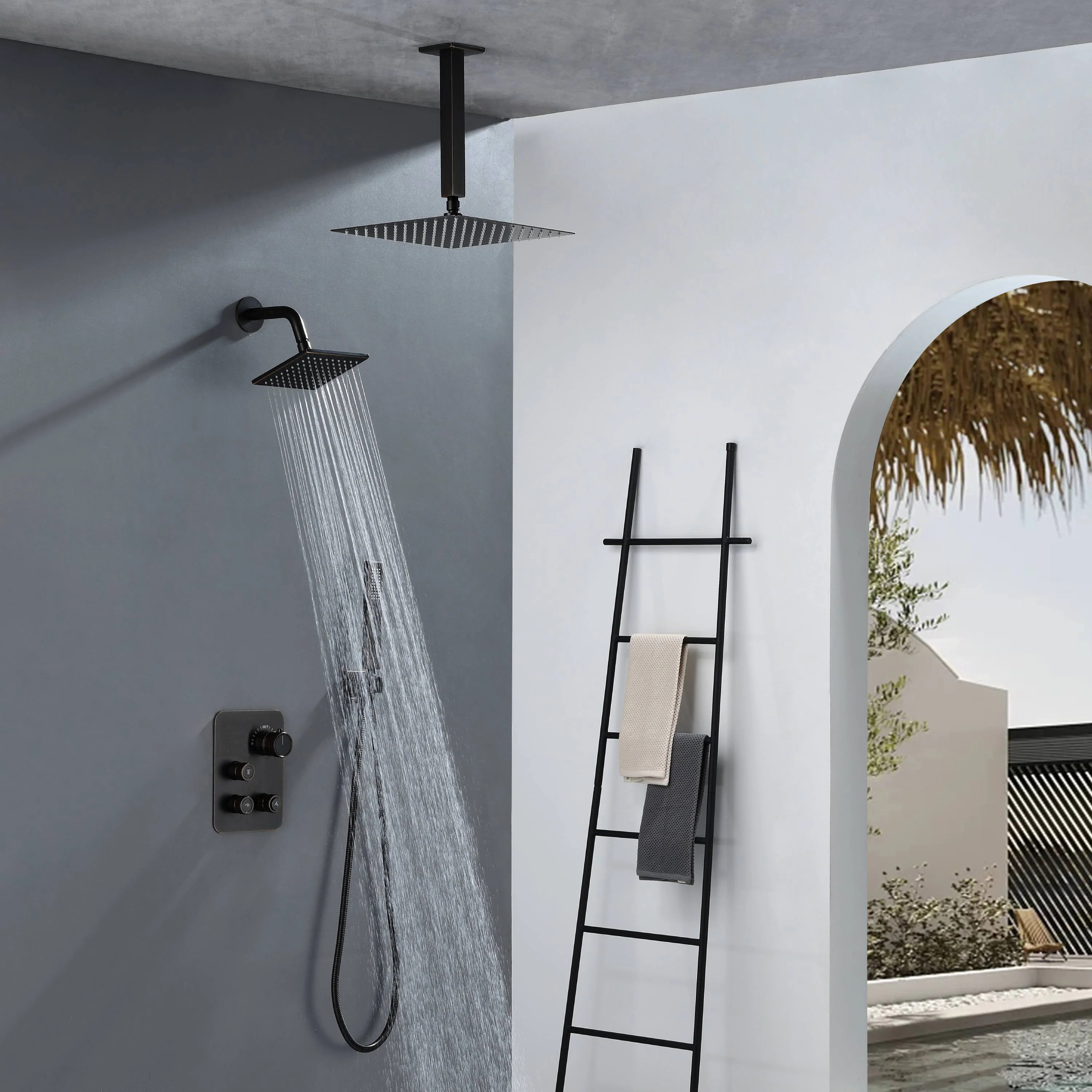 Oil Rubbed Bronze 3-Way Thermostatic Shower Faucet System with Ceiling-Mounted 12-Inch or 16-Inch Non-LED Rainfall Shower Head and Wall-Mounted 6-Inch High Water Pressure Regular Shower Head - Image 5