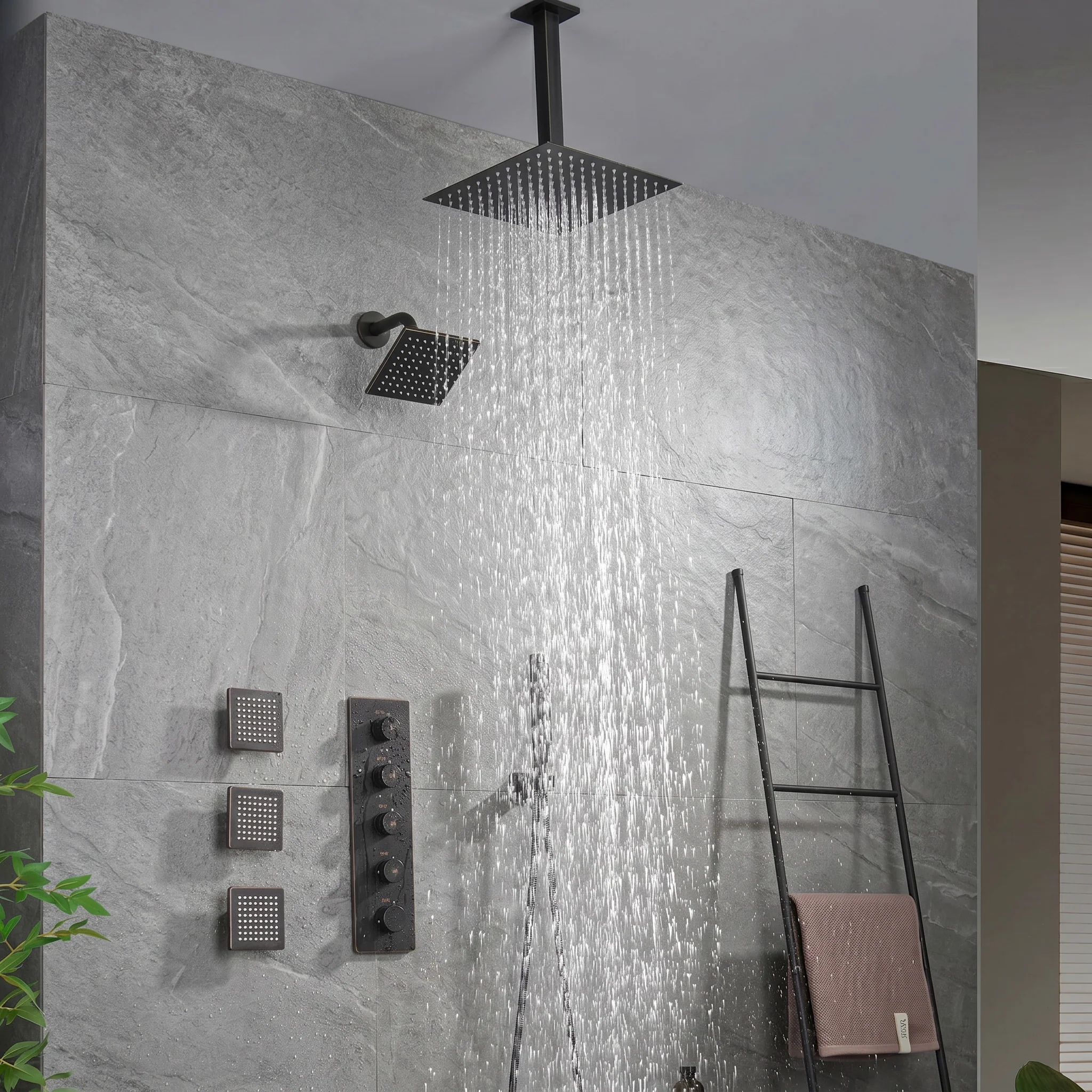 Oil Rubbed Bronze Ceiling Mount Rainfall Shower Head with 4-Way Thermostatic System, Body Jets, and High Water Pressure Wall Mount Shower Head