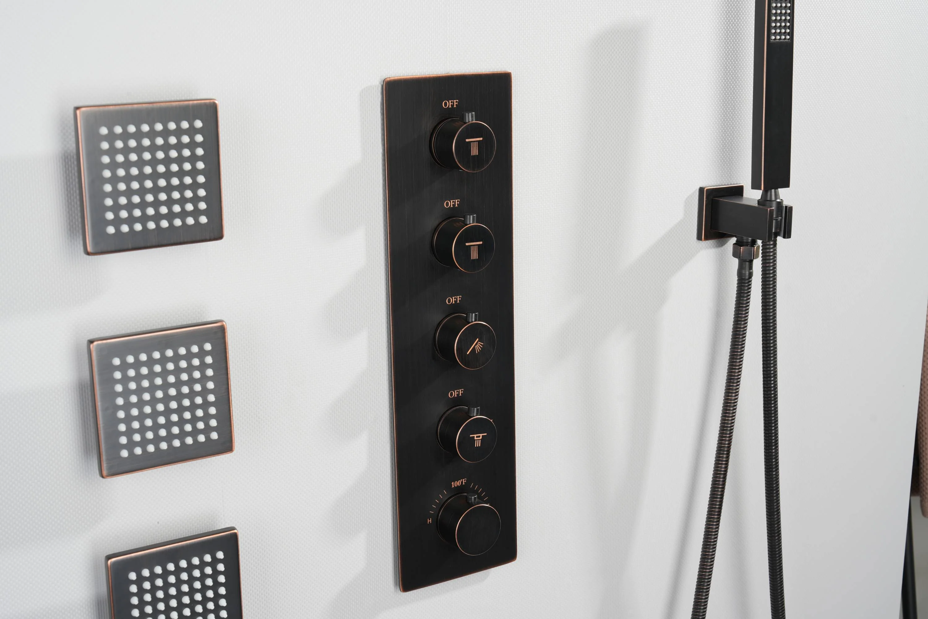 Oil Rubbed Bronze Ceiling Mount Rainfall Shower Head with 4-Way Thermostatic System, Body Jets, and High Water Pressure Wall Mount Shower Head - Image 21