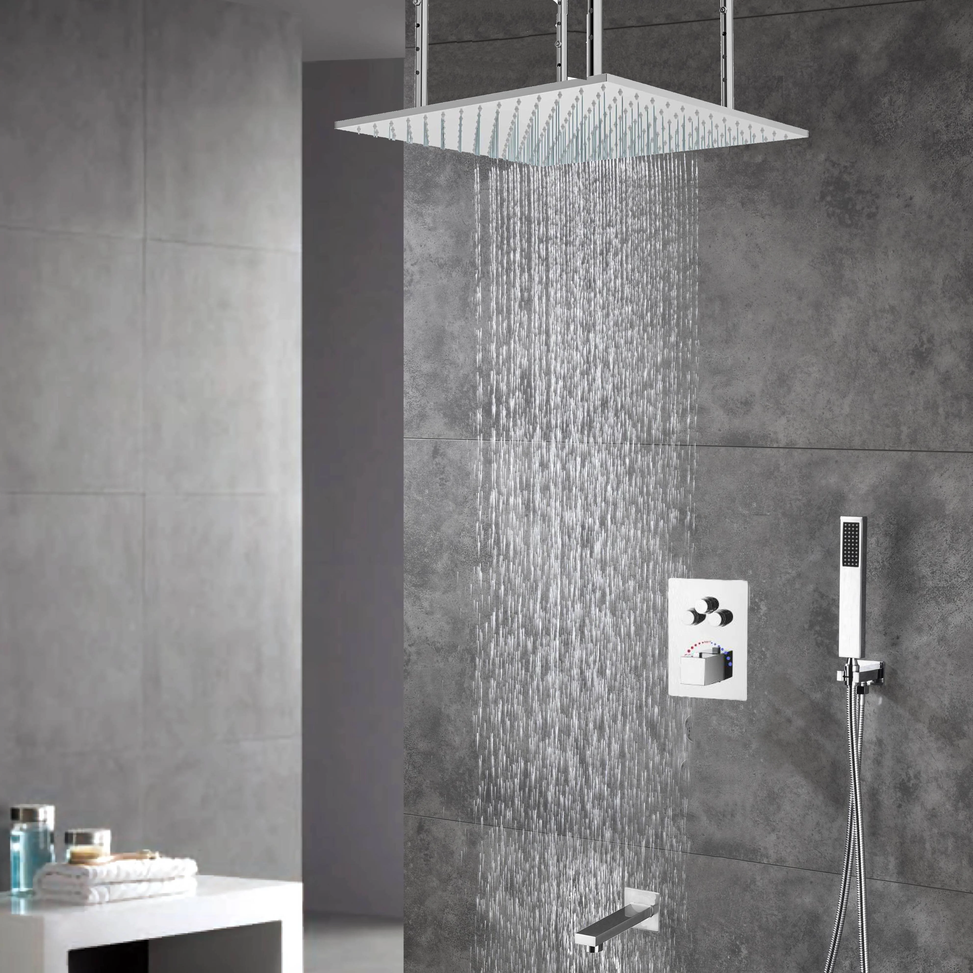 20-Inch or 24-Inch Chrome Rainfall Shower Faucets with Tub Spout - 3-Way Functionality and 3-Color LED Lights - Image 3