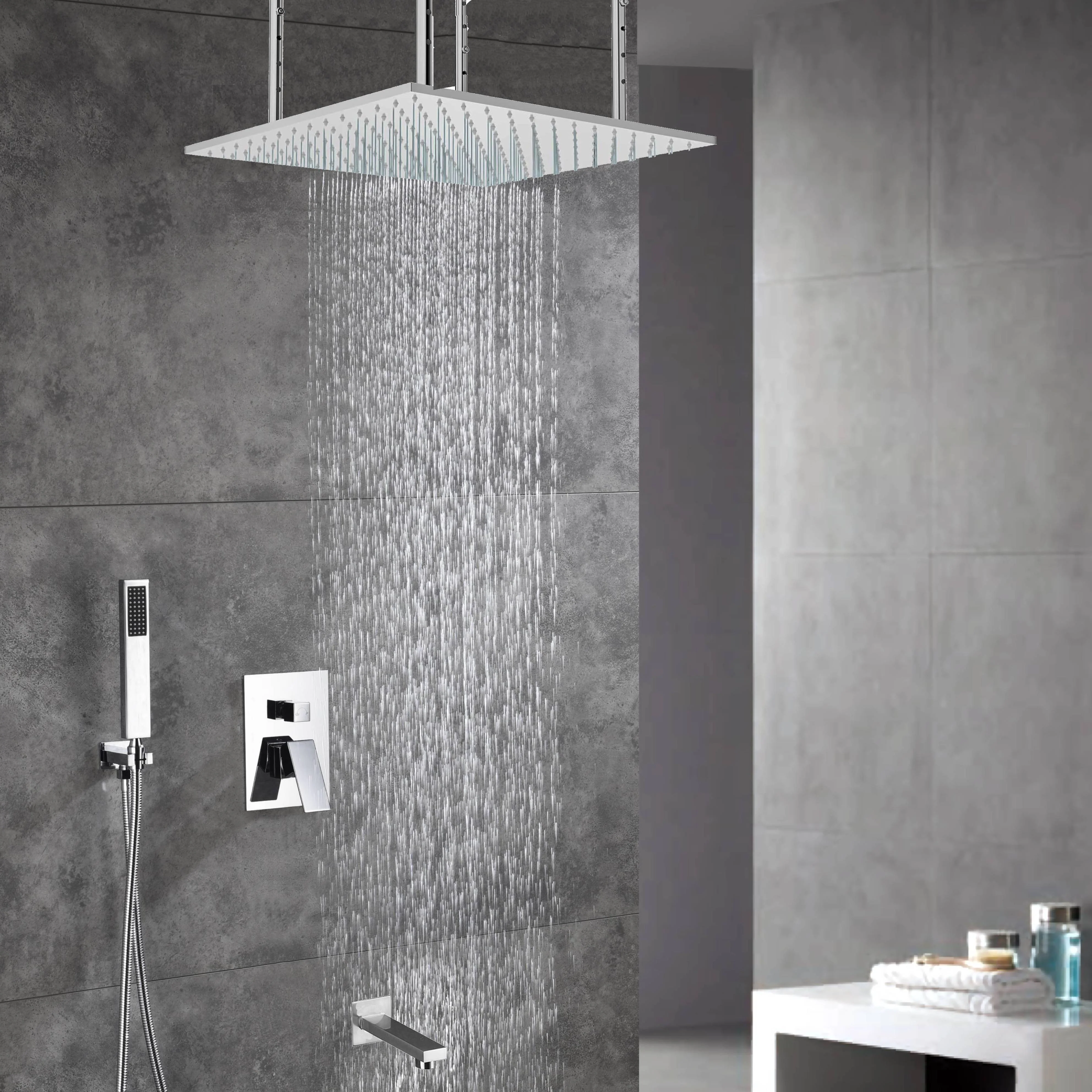 20-Inch or 24-Inch Chrome Rainfall Shower Faucets with Tub Spout - 3-Way Functionality and 3-Color LED Lights - Image 4