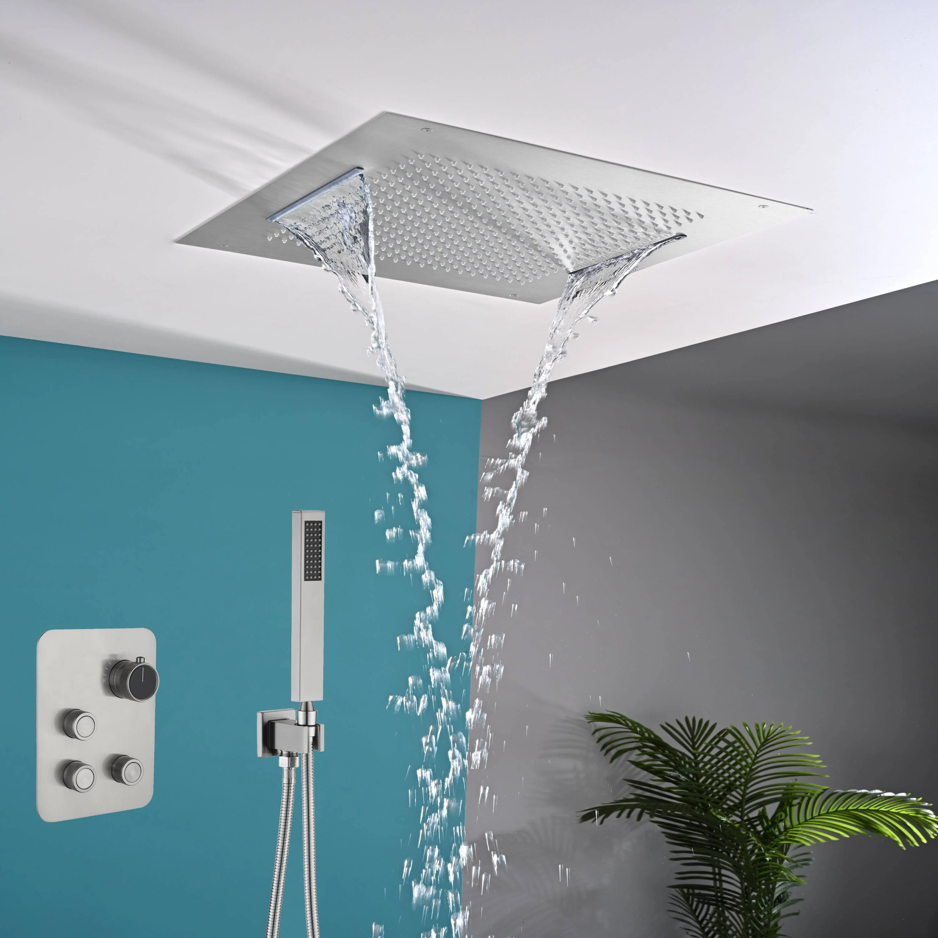 20" Flush Mount Rainfall Waterfall Shower Head with 3-Way Digital Thermostatic Faucet - Image 5