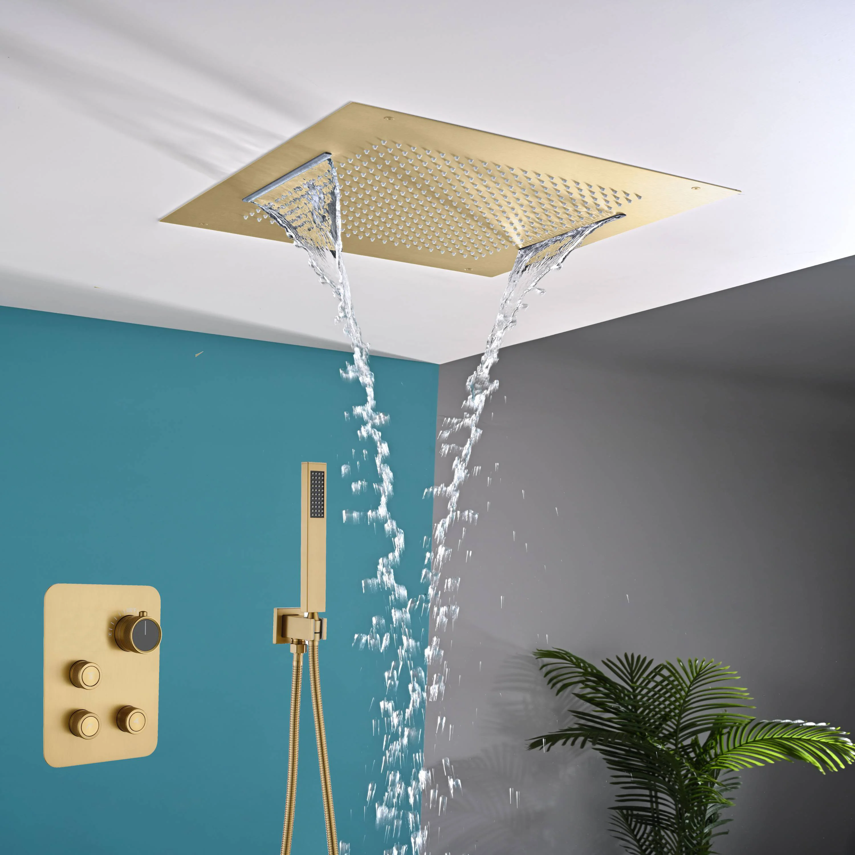 20" Flush Mount Rainfall Waterfall Shower Head with 3-Way Digital Thermostatic Faucet - Image 7