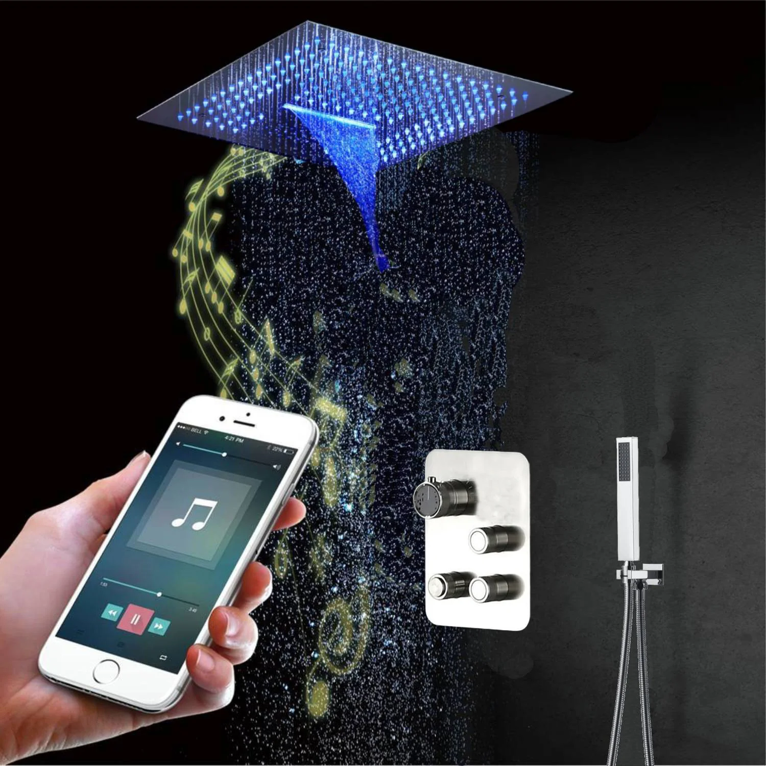 16-Inch Chrome or Brushed Nickel Shower Faucet: Flush-Mounted, 3-Way Control, 64-Color LED Lighting, Bluetooth Music - Image 2